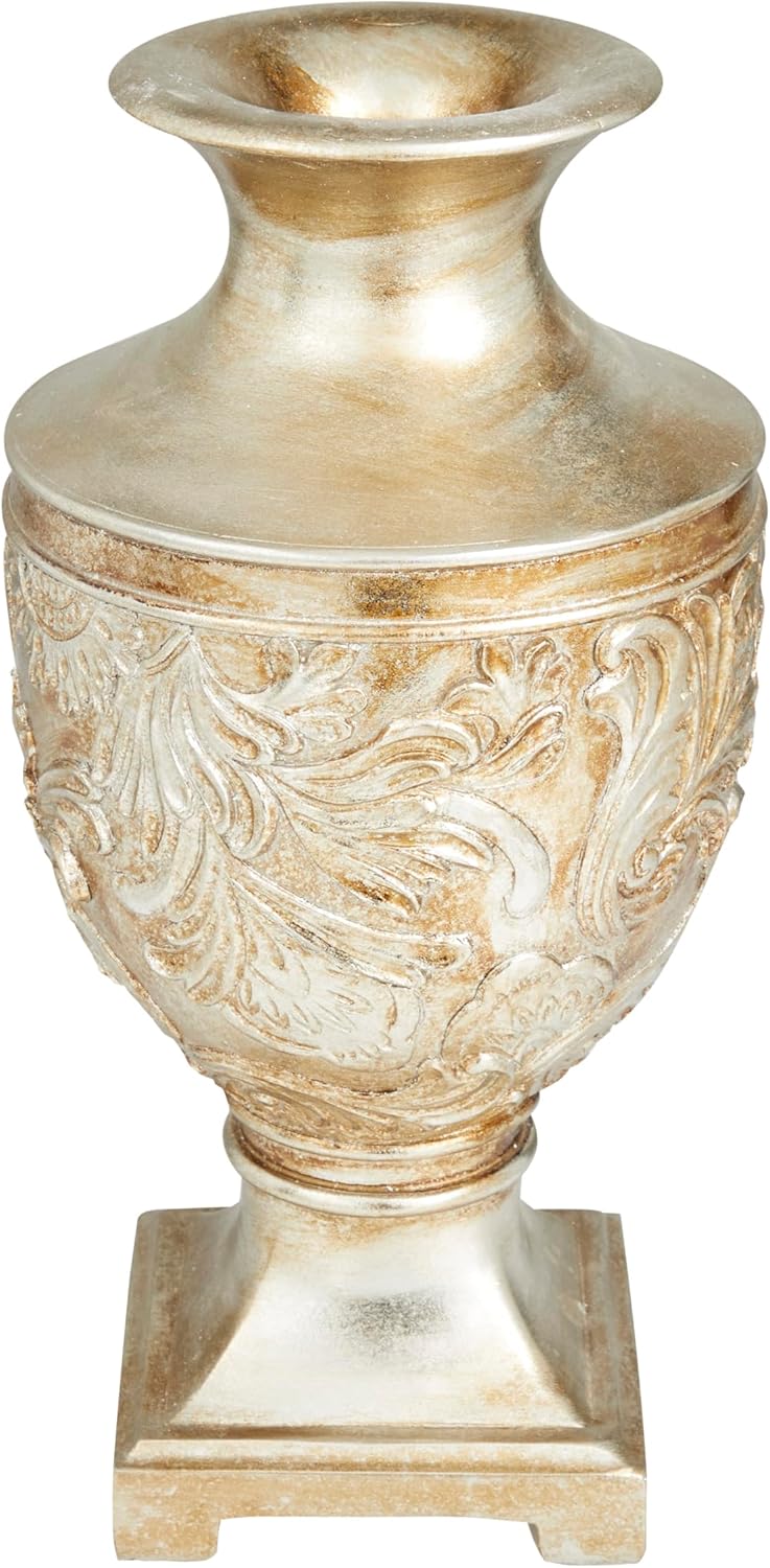 Deco 79 Polystone Decorative Vase Carved Centerpiece Vase, Flower Vase for Home Decoration 7" x 7" x 14", Gold