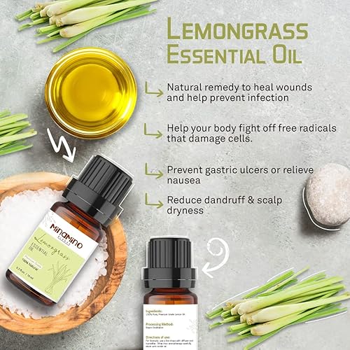 Miniatura 5 de 0.33 FL OZ-MINAMINO Aceite esencial de citronela en botella de vidrio ámbar con Euro y Pipette DROPPER, aceite esencial 100% puro y de grado