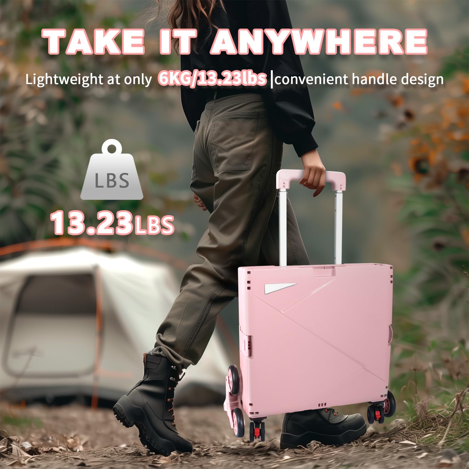 LexonElec x SELORSS Carrello della Spesa Pieghevole con Ruote Saliscale, Manico Telescopico Regolabile in Alluminio e Coperchio, Scatola Utile Pieghevole, Carrello Portatile, 90KG/76L - Rosa Bianco