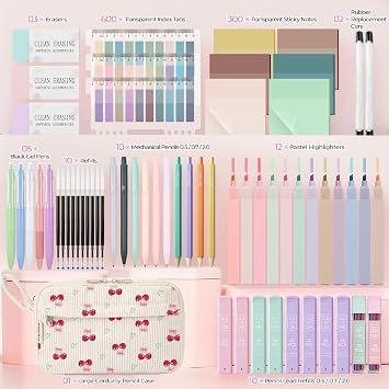 WOBAGMEN 62PCS Aesthetic School Supplies with Corduroy Pencil Case, Pastel Highlighters Gel Pens Mechanical Pencils, Cute College Essentials Set (Cherry)