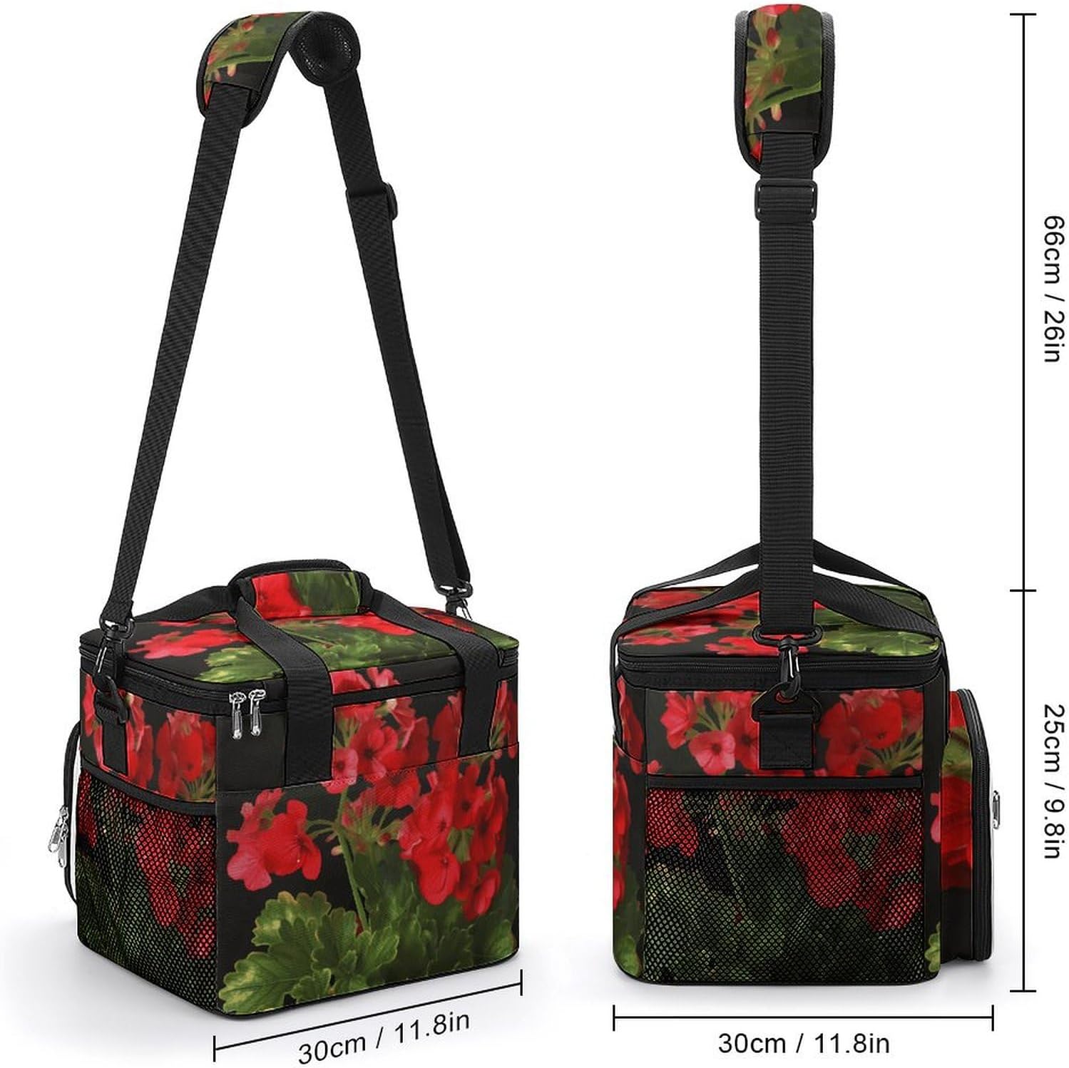 Large-Capacity Oxford Cloth Red Geraniums Printed Camping Ice Bag, Outdoor Portable Insulation and Cold Storage Bag, Enjoy A Cool Camping Time