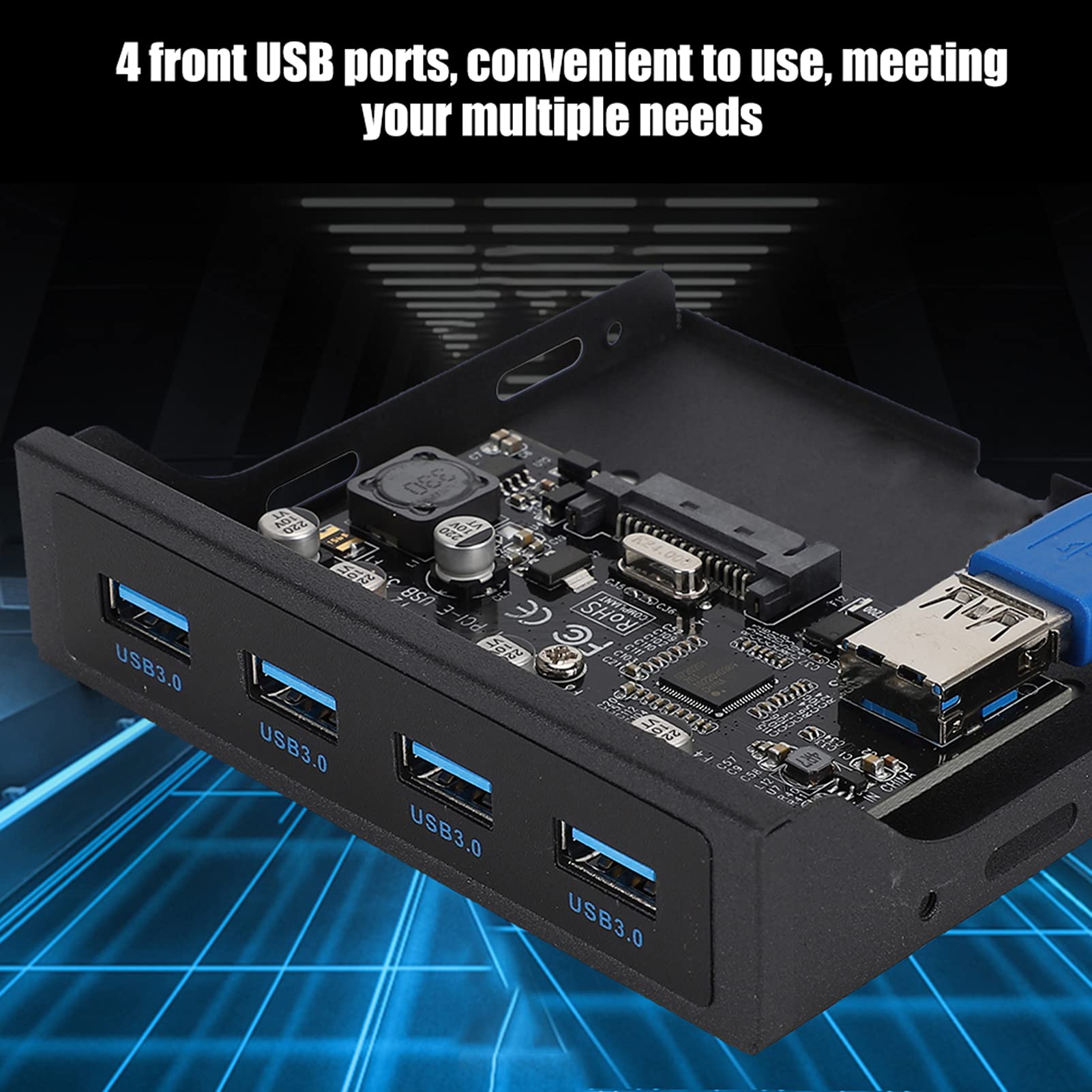Panel Frontal USB PCI-E a 4xUSB3.0 para Chip Tarjeta de extensión Frontal Adaptador de bahía Flexible Tarjeta Vertical de expansión con Interfaz de alimentación SATA Negro