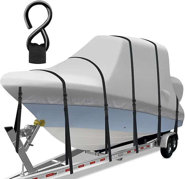 1400D Heavy Duty T-Top Boat Cover with Metal Buckles, 20-22ft Trailerable T Top Hard Top Boat Cover, Marine Grade TTOP Boat Storage Cover, Waterproof Center Console Boat with T TOP Roof, Gray