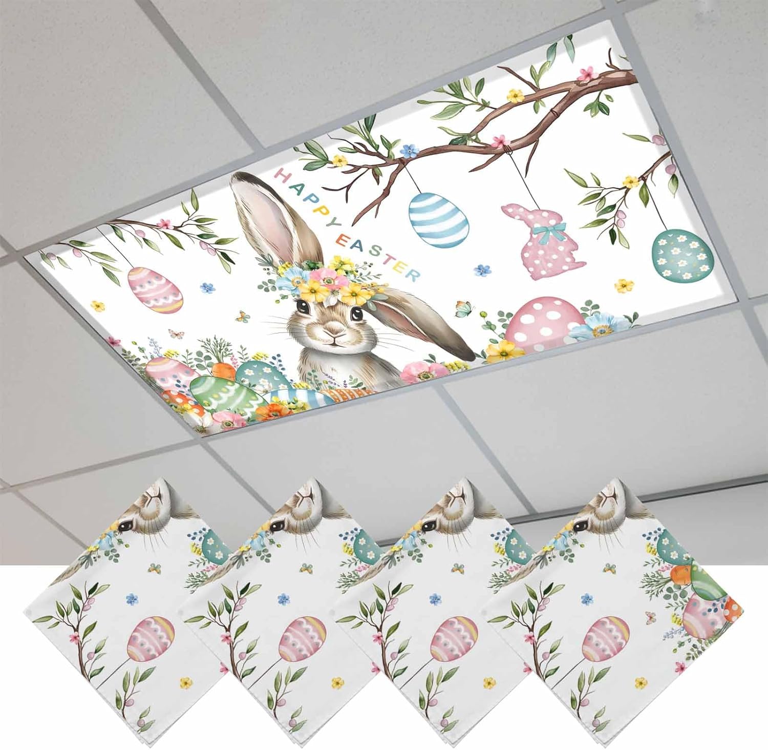 2x4 ft Fluorescent Light Cover for Ceiling Spring Flower Easter Egg Rabbit Magnetic Light Filters, Farmhouse Bunny Plant Ceiling Lampshades for Home School Office 4Pcs