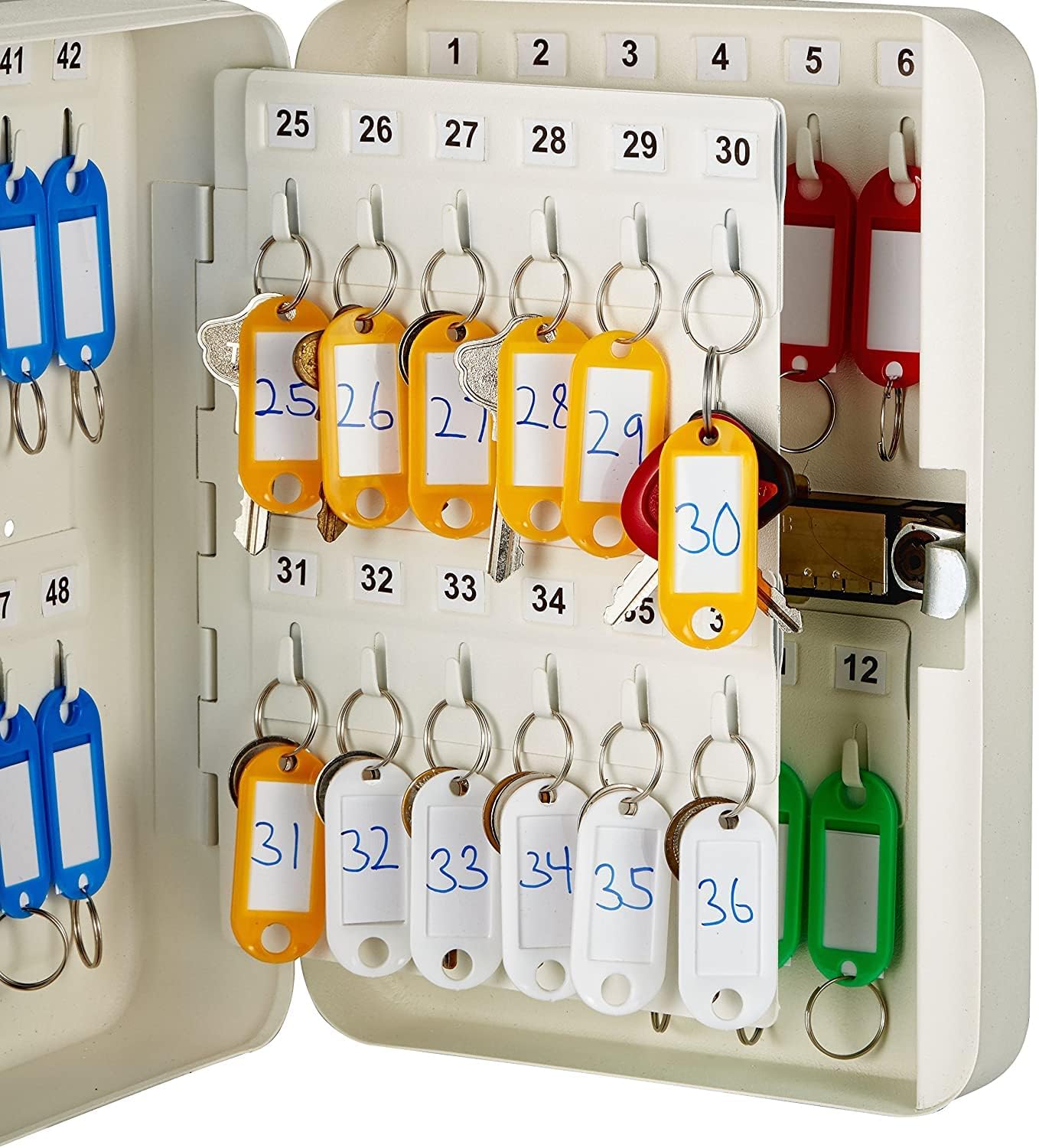 Key Storage Metal Lock Cabinet with Keys Security Locked Safe Key Storage Box Key Organizer Holder Locked Key Box Wall Mount Steel 48 Key Slots 10" H x 7.2" W x 3" D (White)