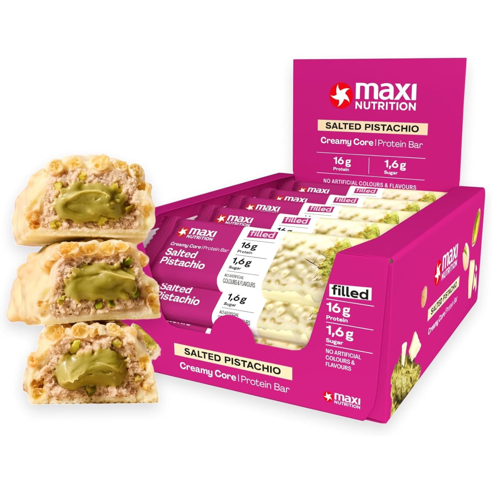 MaxiNutrition Creamy Core Protein Bar - Low in Sugar - 16g High Protein - Salted Pistachio, 193 kcal per Serving, 12 x 45g NO ARTIFICIAL COLOURS & FLAVOURS