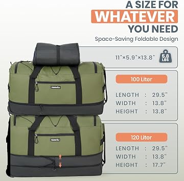 Fanwoli Collapsible & Expandable 100L-120L Large Rolling Duffle Bag - 30'' Waterproof Wheeled Luggage with No-Sag Heavyload Design, Lock & Soft Handle for Travel, Camping, Dorm, Moving (Green)
