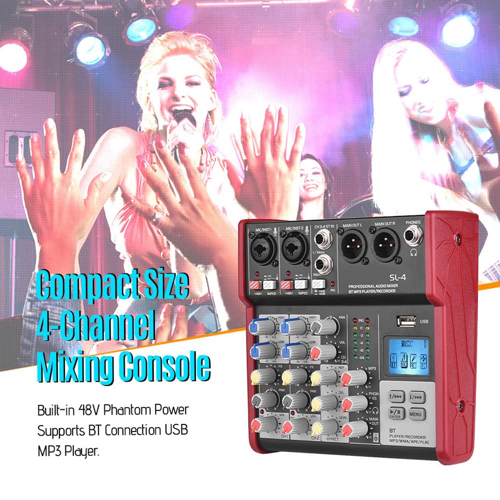 Btuty 4-Kanal-Mischkonsole mit 2 Bändern EQ Eingebaute 48 V Phantomspeisung Unterstützt BT-Anschluss MP3-Player USB für die Aufnahme von DJ Network Live Broadcast Karaoke