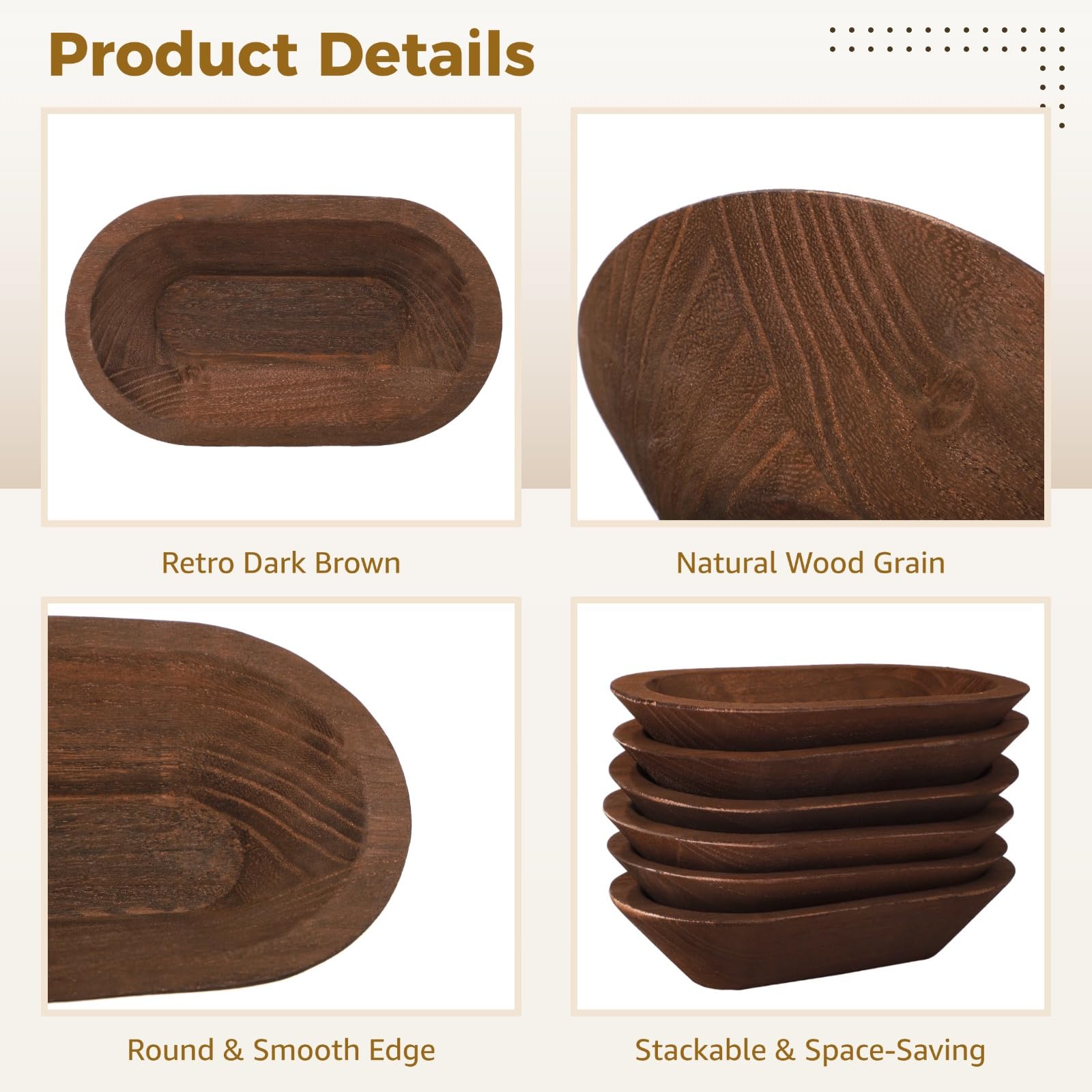 8 ciotole in legno per impasto, ciotole decorative in legno ovali rustiche per uso domestico, finitura liscia marrone scuro per, servire cibo e decorazione della fattoria