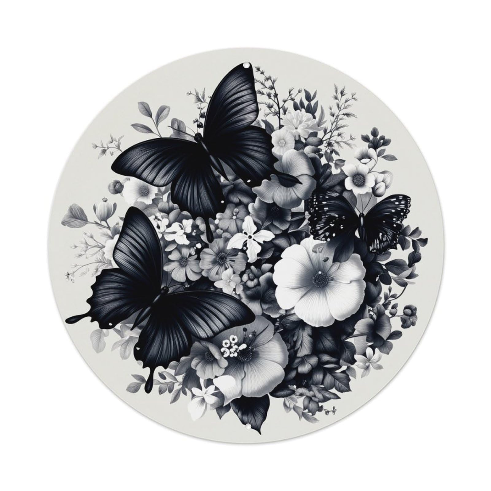 Butterfly Floral Monochrome Art Design Round Tin Sign Vintage Metal Poster, Home Bar Garage Man Cave Cafe Indoor & Outdoor Wall Decoration 8x8Inches