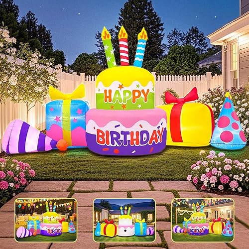 Miniatura 3 de Decoración inflable para pastel de cumpleaños de 8 pies con velas inflables para exteriores, luces LED integradas para fiestas de vacaciones,