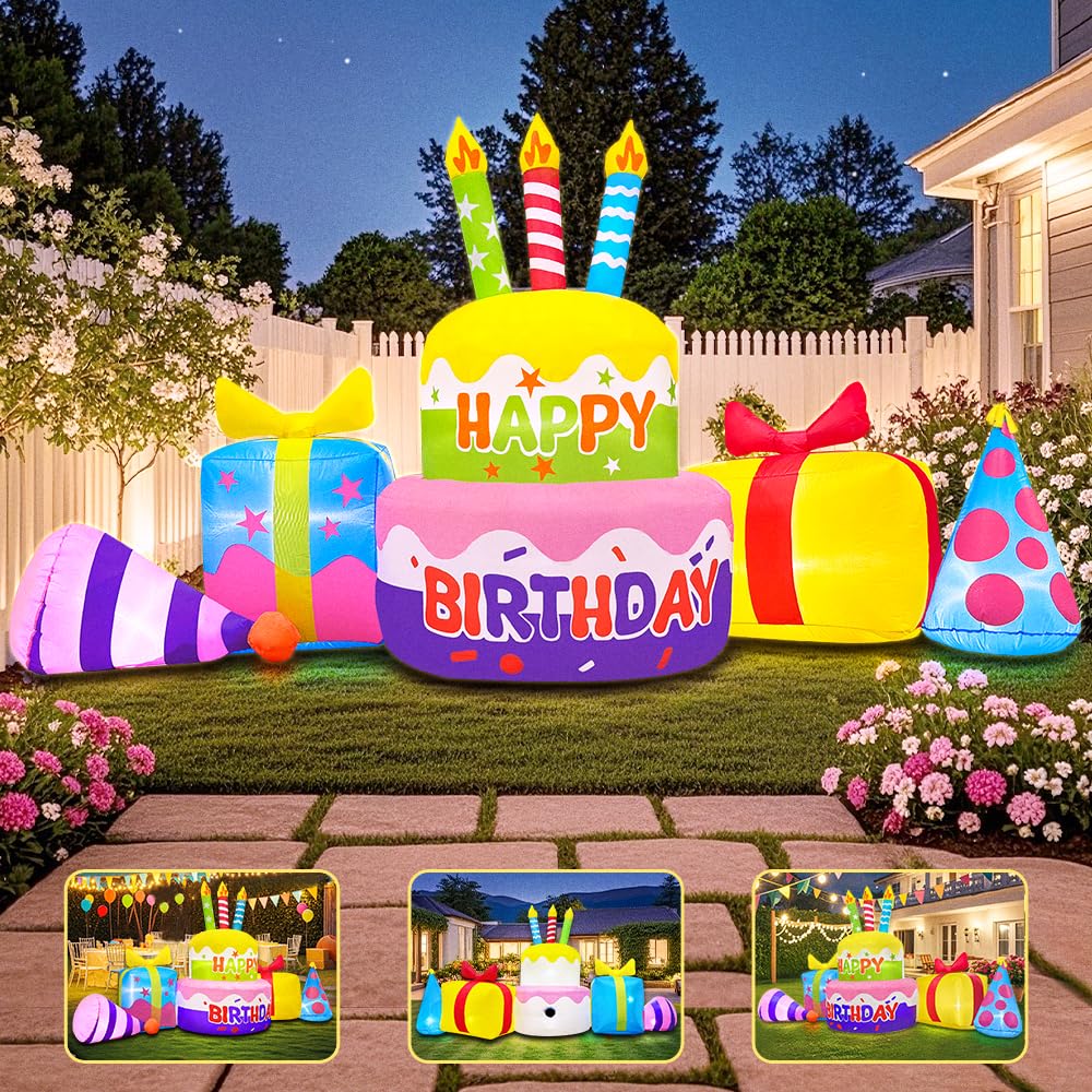 KOOY 8FT Inflatable Birthday Cake Yard Decoration - Blow Up LED Lighted Outdoor Decor - View #2