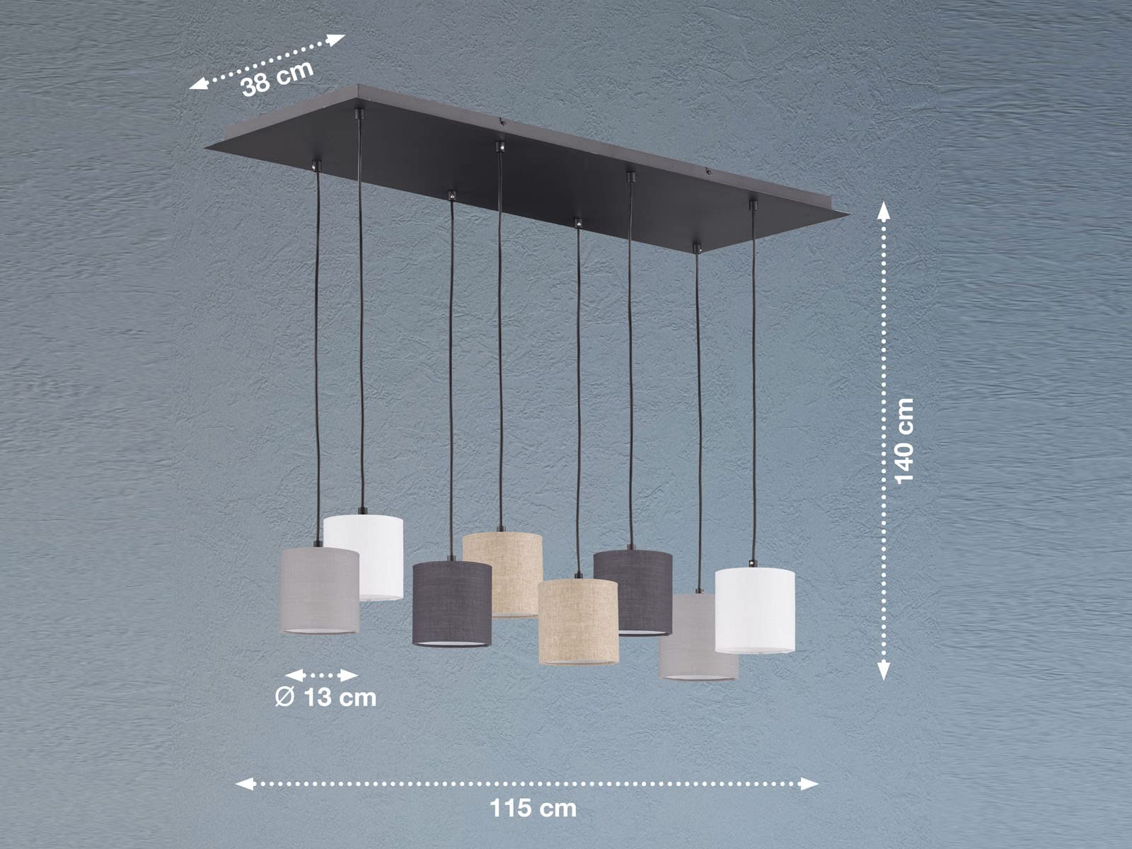Fischer & Honsel Pendelleuchte, Isko | sandschwarz| Stoffschirm| sandfarben, hellgrau, grau, weiß - Leinen -|L: 115 cm, B: 38 cm, A: 140 cm| 8x E14 max. 25 Watt exkl. Leuchtmittel |