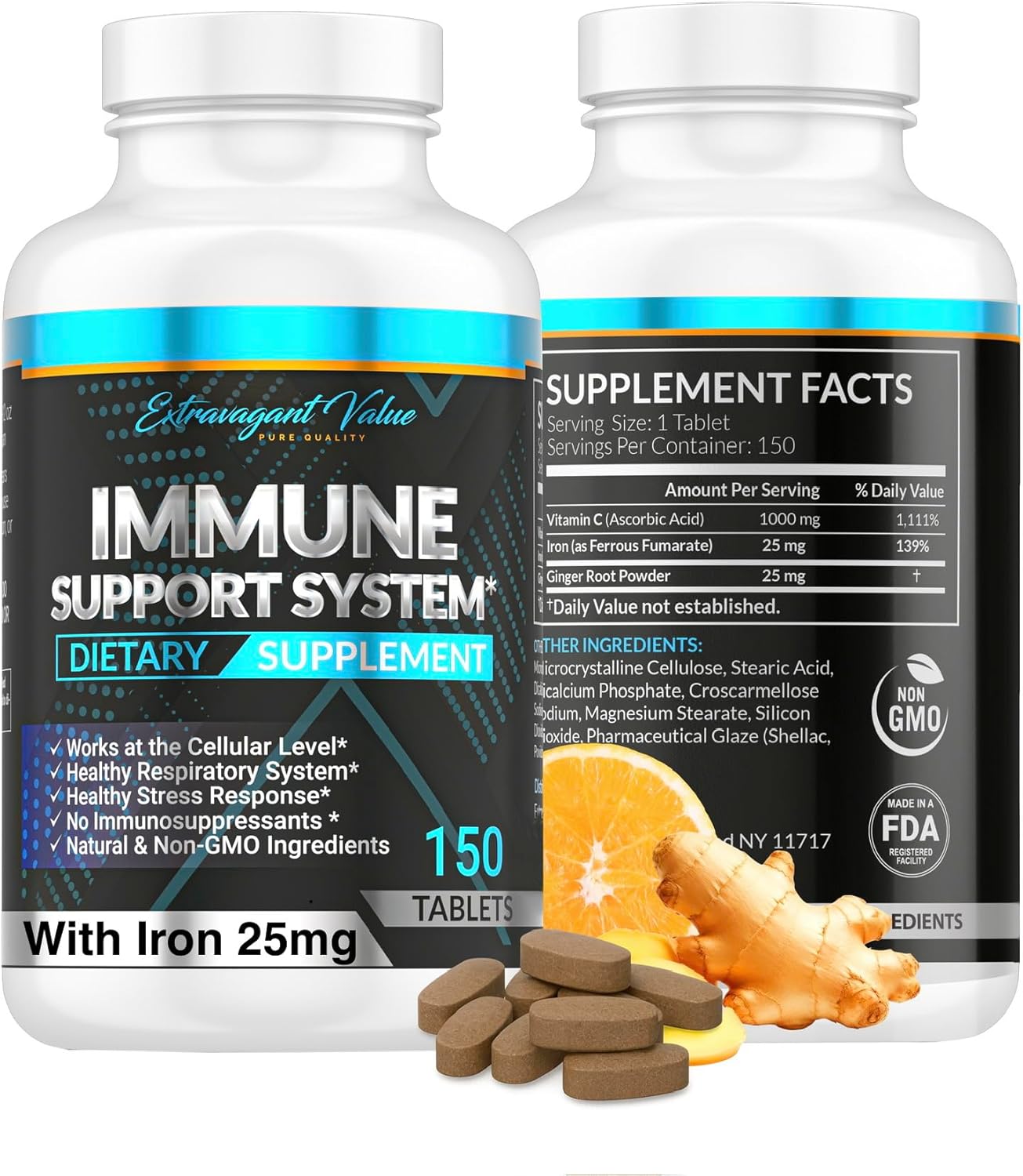 Immune Support Vitamin C 1000mg Combo with Iron 25mg & Ginger Root Supplement, Gentle Stomach Friendly Formula for Energy & Iron Deficiency Support, Non-GMO, 150 Tablets