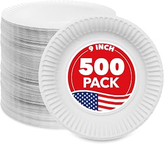 StockYourHome 9 Inch Uncoated Paper Plates 500 Count Bulk - Disposable White Plates for Parties, Picnics & Everyday Use