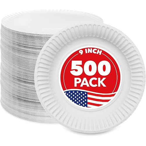 Stock Your Home 9-Inch Paper Plates Uncoated, Everyday Disposable Plates 9" Paper Plate Bulk, White, 500 Count