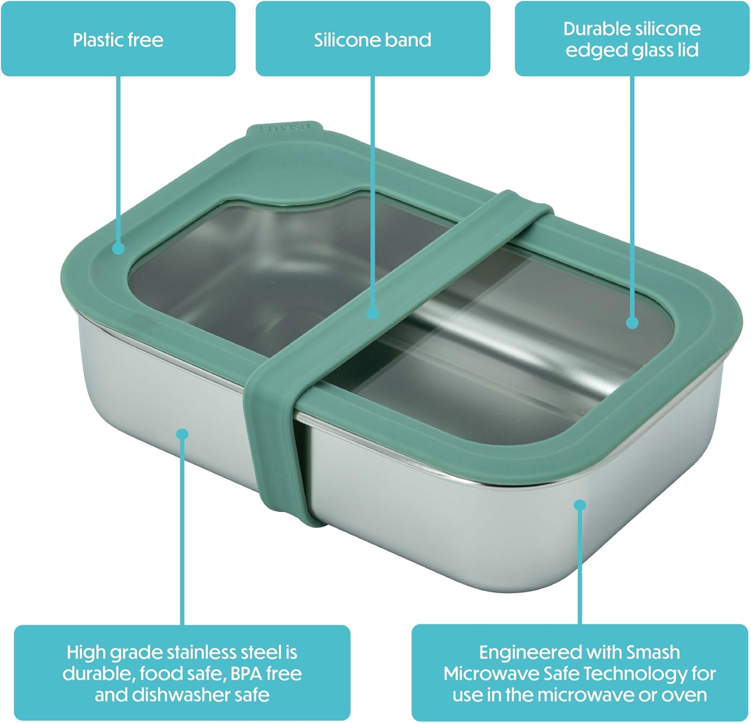 Smash Plastic-Free Stainless Steel Bento Box with Glass Lid – Microwave Safe, Leak Proof, Durable Silicone Edge, Dishwasher Safe – Good Design Award Winner 2025 (Moss, 44oz)