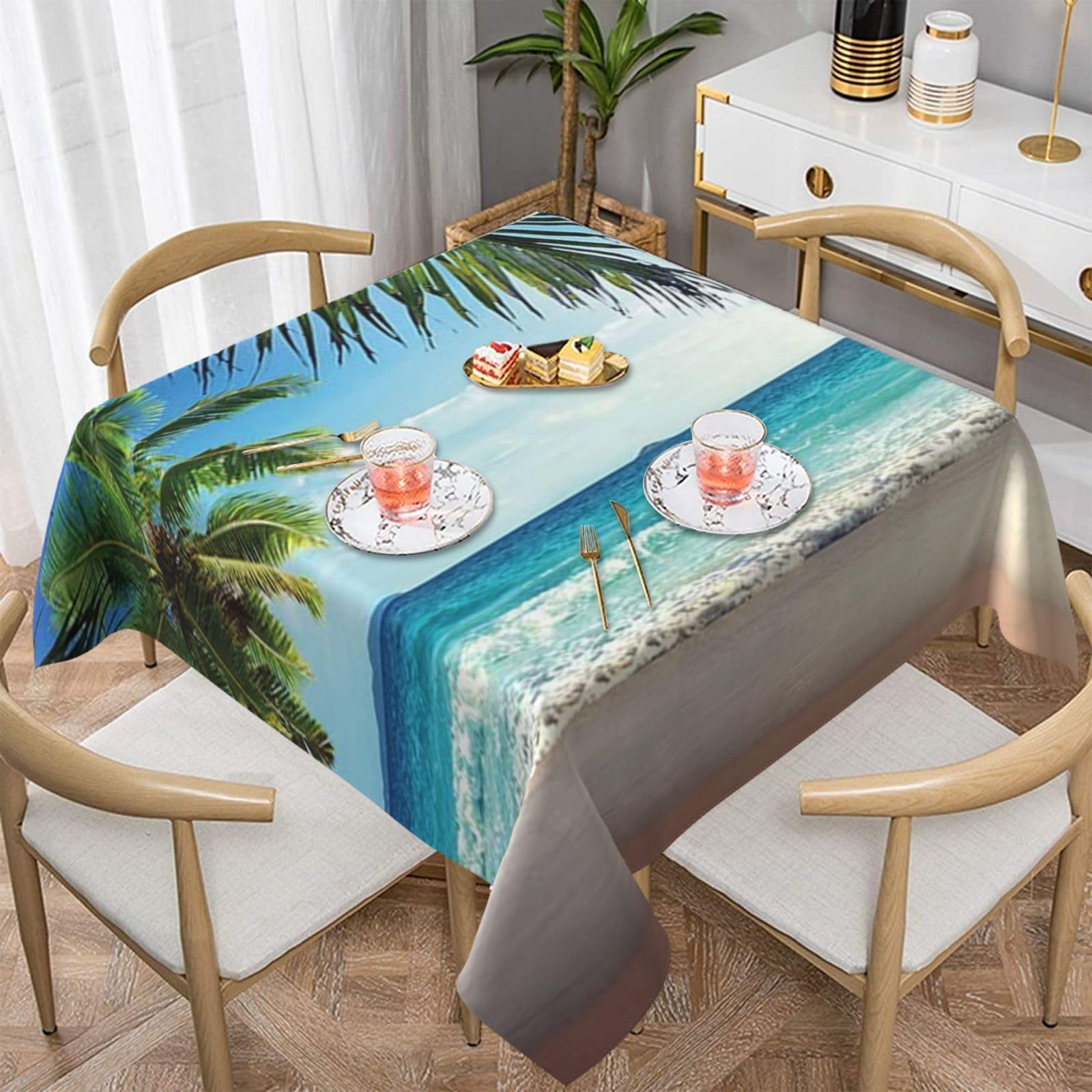 DCEHGEW Tropical Palm Tree Hawaii Beach Prints Square Tablecloth 152x152 CM, Waterproof Fabric Table Cloth for Dining Table, Farmhouse Table Cover for Kitchen Dining Tabletop Decoration