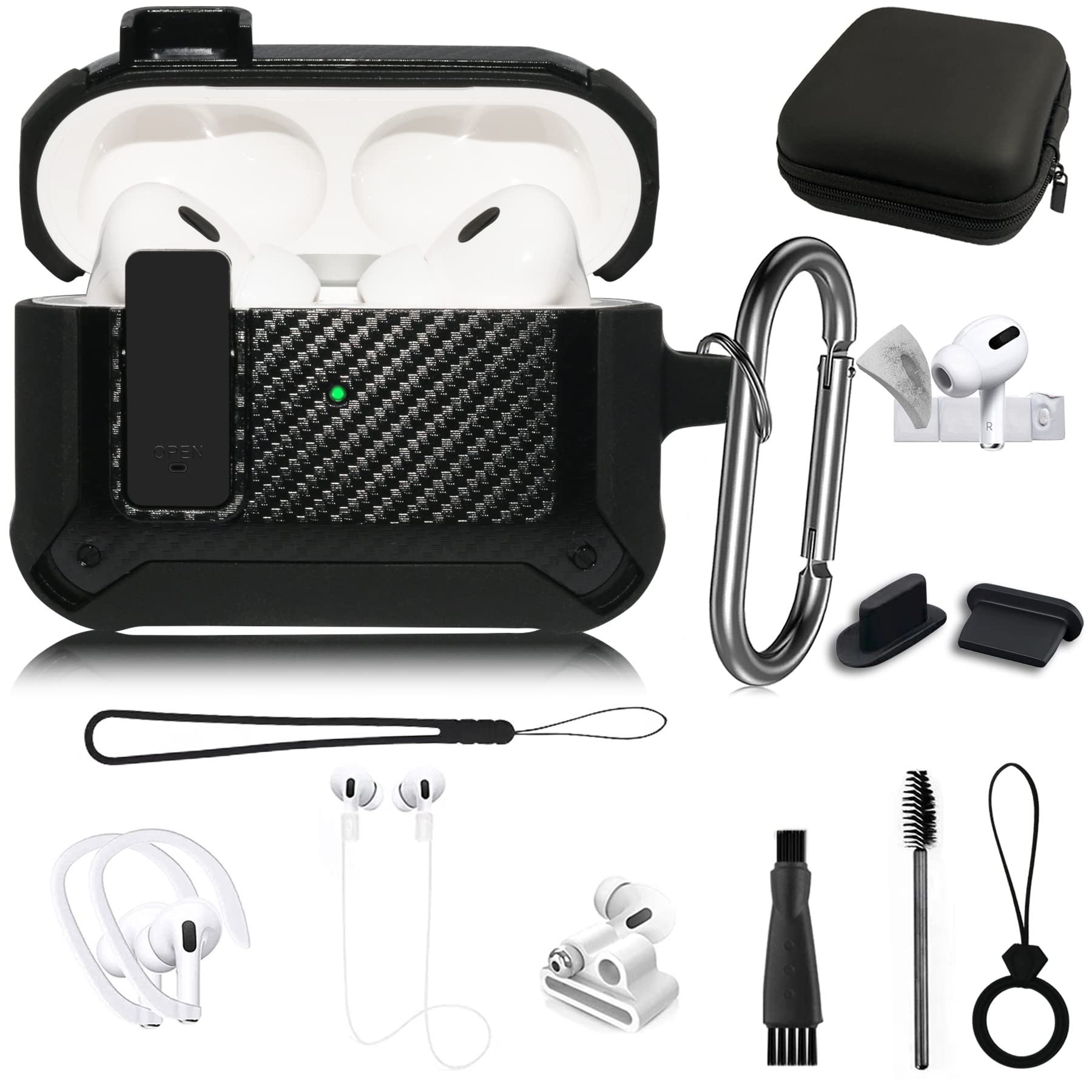 12in1 Military Hard Shell for AirPods Pro 2 Case 2022 Automatic Secure Lock Clip for Pro Accessories Set, Protective Cover for AirPods Pro 2st Generation Case Ear Tip/Clean Putty/Carry Box Black