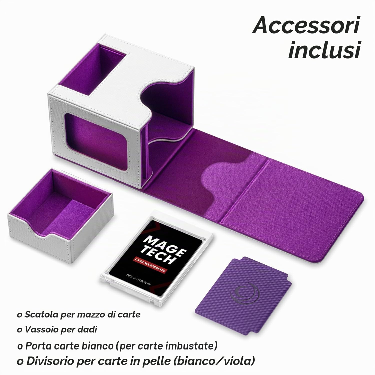 Mage Tech Scatola per Mazzo di Carte per MTG Commander - Design Brevettato, Display per Commander, Adatta per 100 Carte con Doppia Custodia, Scomparto per Dadi da 35pt - Bianco/Porpora
