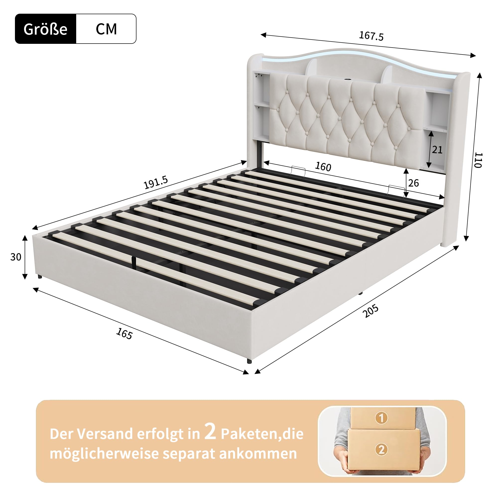 BRILVERDE Łóżko tapicerowane 160 x 190 cm, z miejscem do przechowywania, podwójne łóżko z diodami LED/USB, rama łóżka ze stelażem i zagłówkiem, łóżko młodzieżowe dla dorosłych i młodzieży, aksamitne