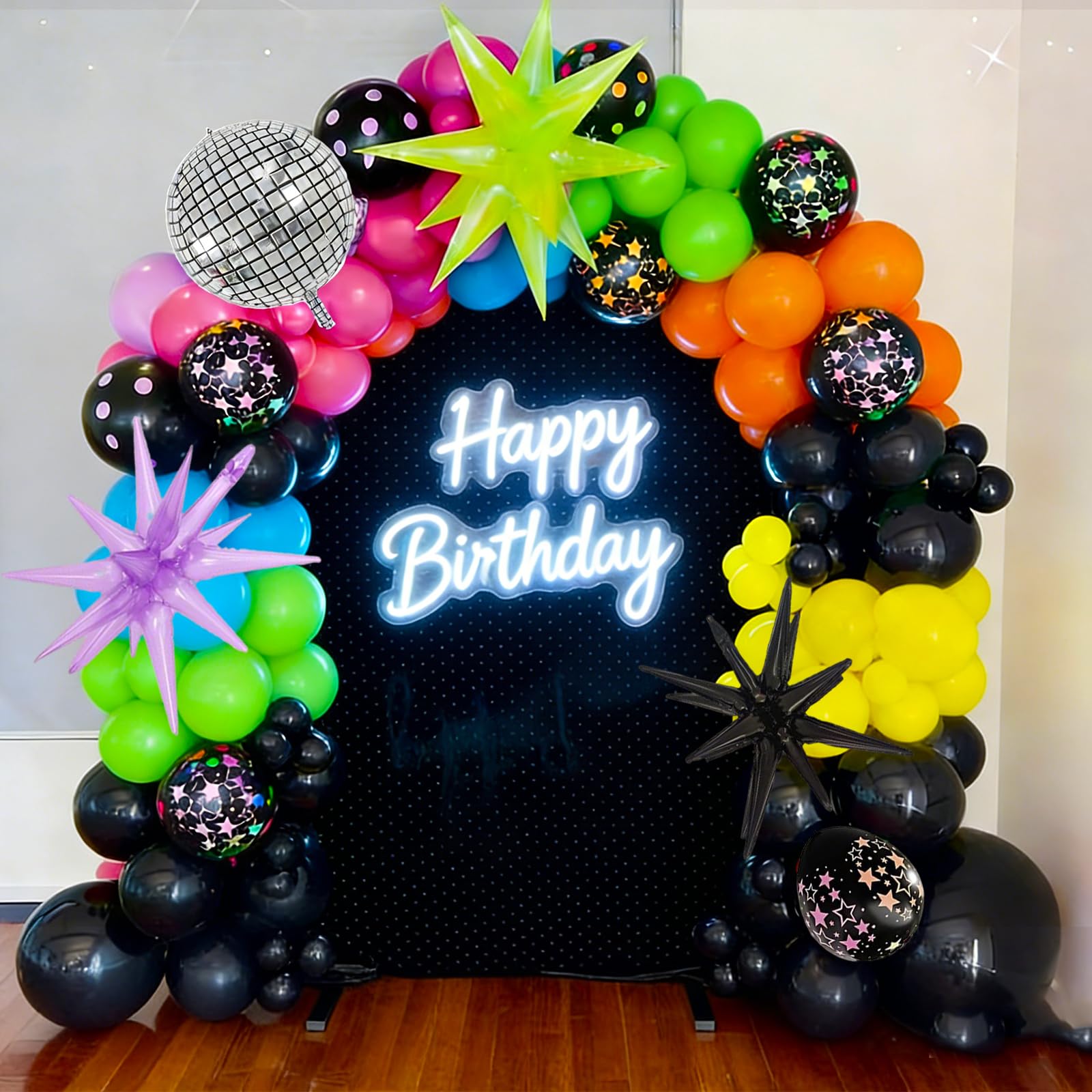 Décorations de fête d'anniversaire néon - Kit d'arche de ballons néon avec ballons à pois phosphorescents et 3 ballons en forme d'étoile pour décorations de fête sur le thème disco des années