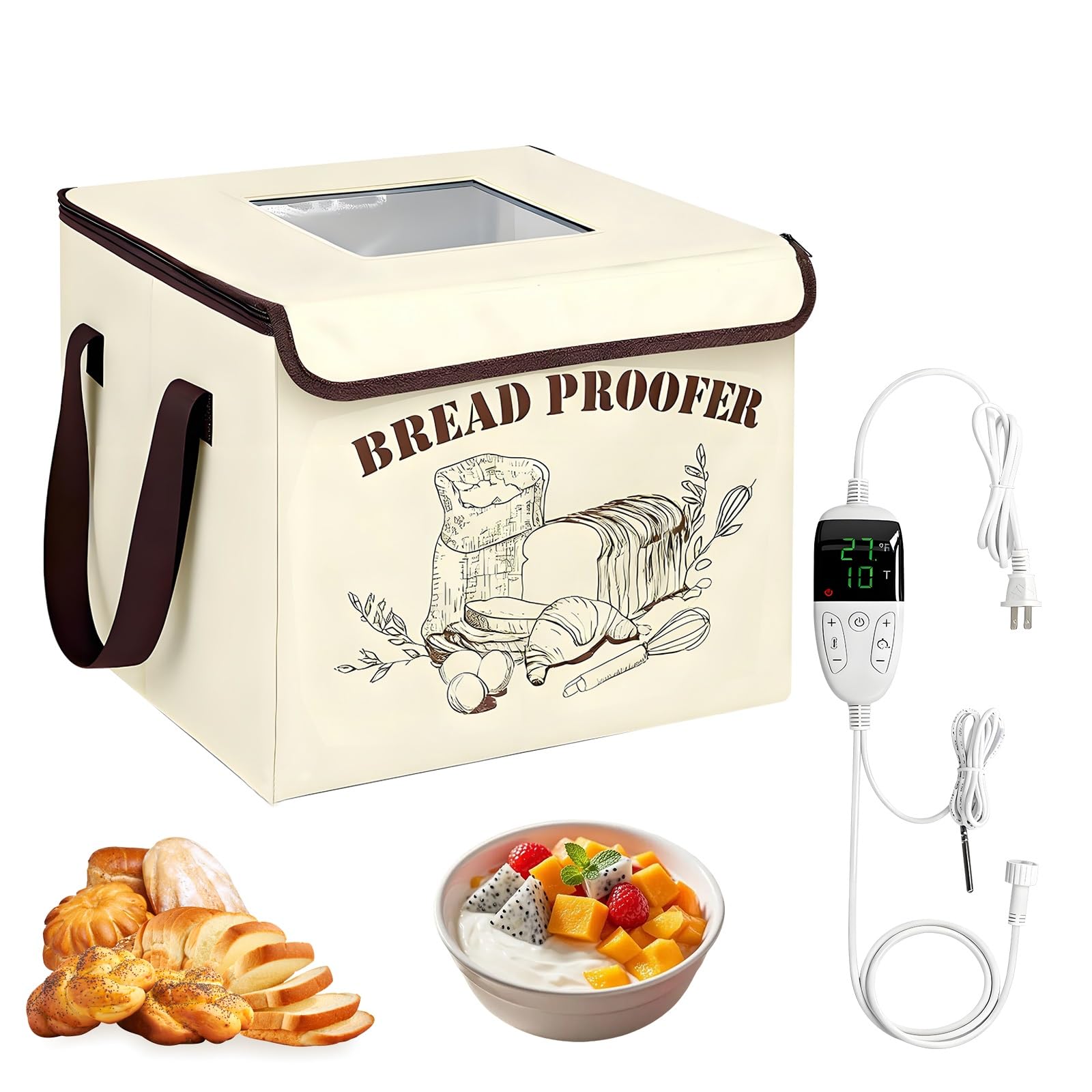 Imeshbean Beige Bread Proofing Box With 50-113℉ Temp Control & 1-12H Timer, Foldable Dough Proofer With Metal Rack, Proofing Box For Sourdough, Bread Baking, Pizza, Yogurt, Kombucha, Space-Saving & 5-Layer Fabric