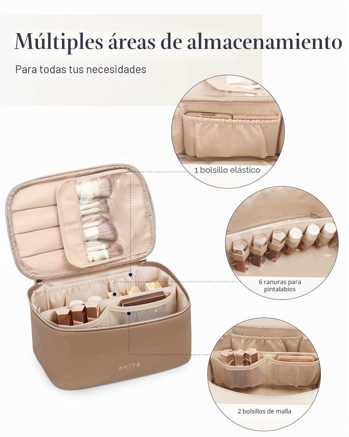 Estuche de Maquillaje Prite, Bolsa de Cosméticos de Viaje de Gran Capacidad Portátil, Organizador de Maquillaje Impermeable para Mujeres con Asa y Divisores (001 Marrón)