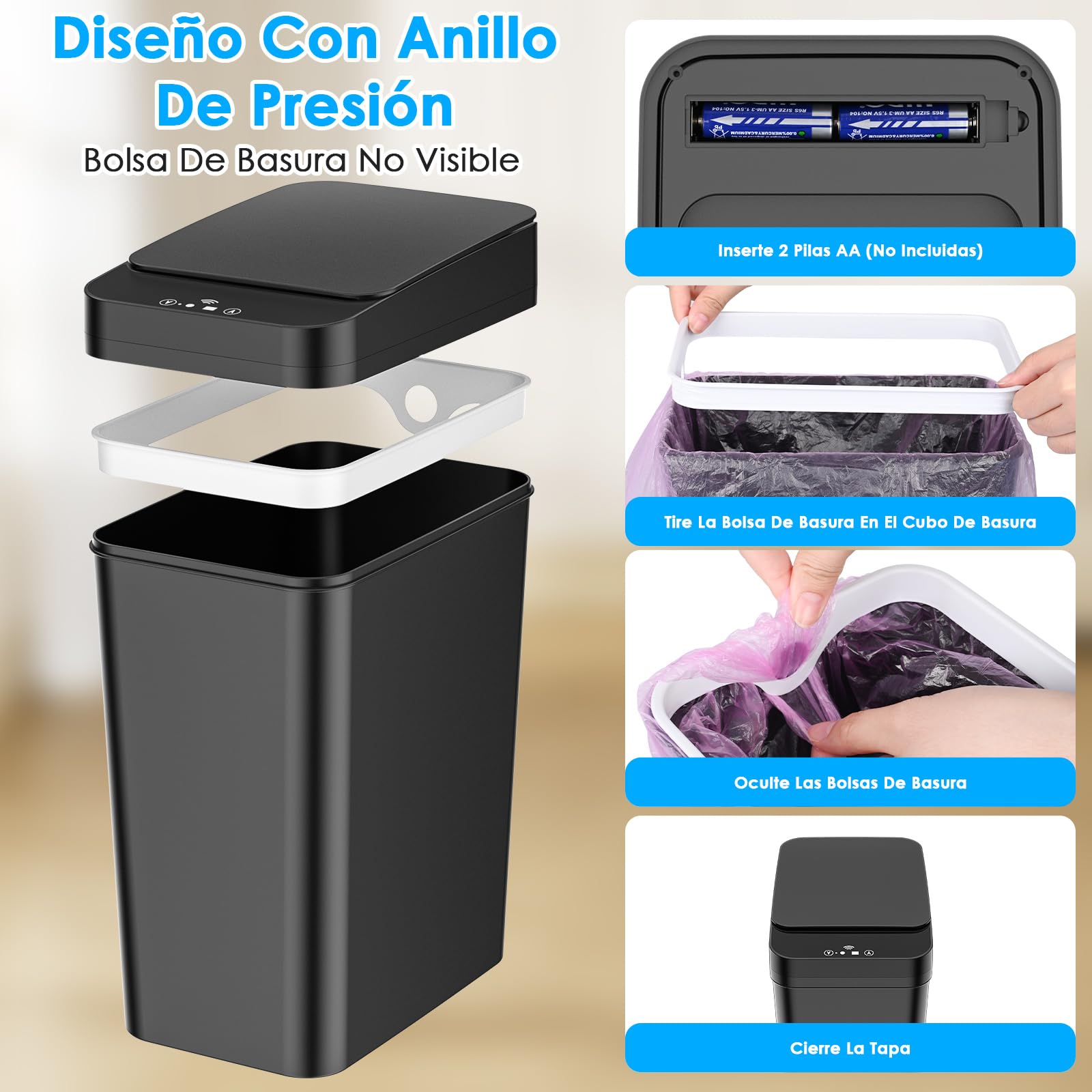 Dreamhigh Cubo Basura Automático Set De 2, Papelera Inteligente De 15L Y 12L Con Tapa Automática Y 3 Modos, Silenciosa E Impermeable Para Cocina, Baño, Oficina, Cubo Basura Baño Con Sensor