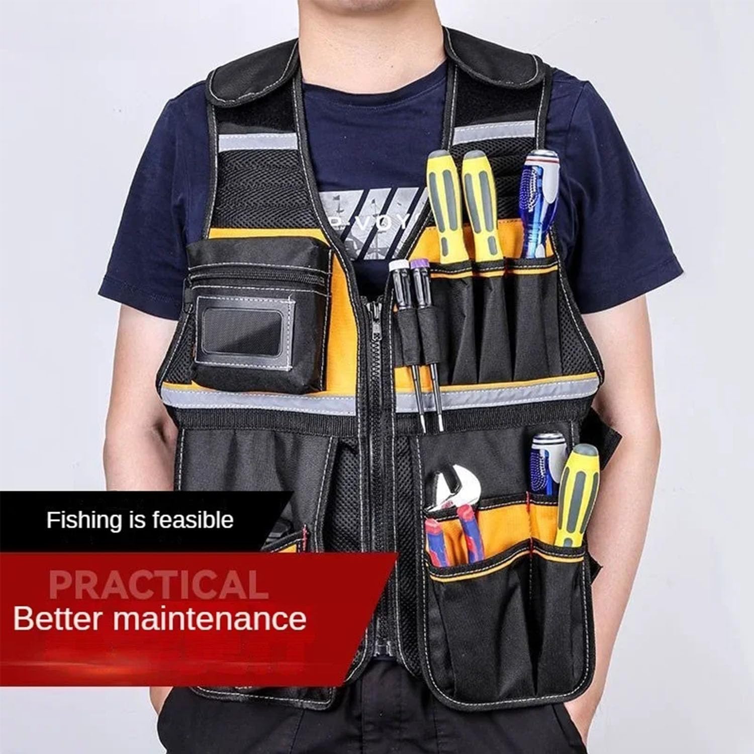 Herramienta Chaleco Traje de Trabajo Chaqueta Correa Pesca Chaleco Reflectante Ajustable con Porta Martillo Extraíble para Electricista Carpintero Construcción