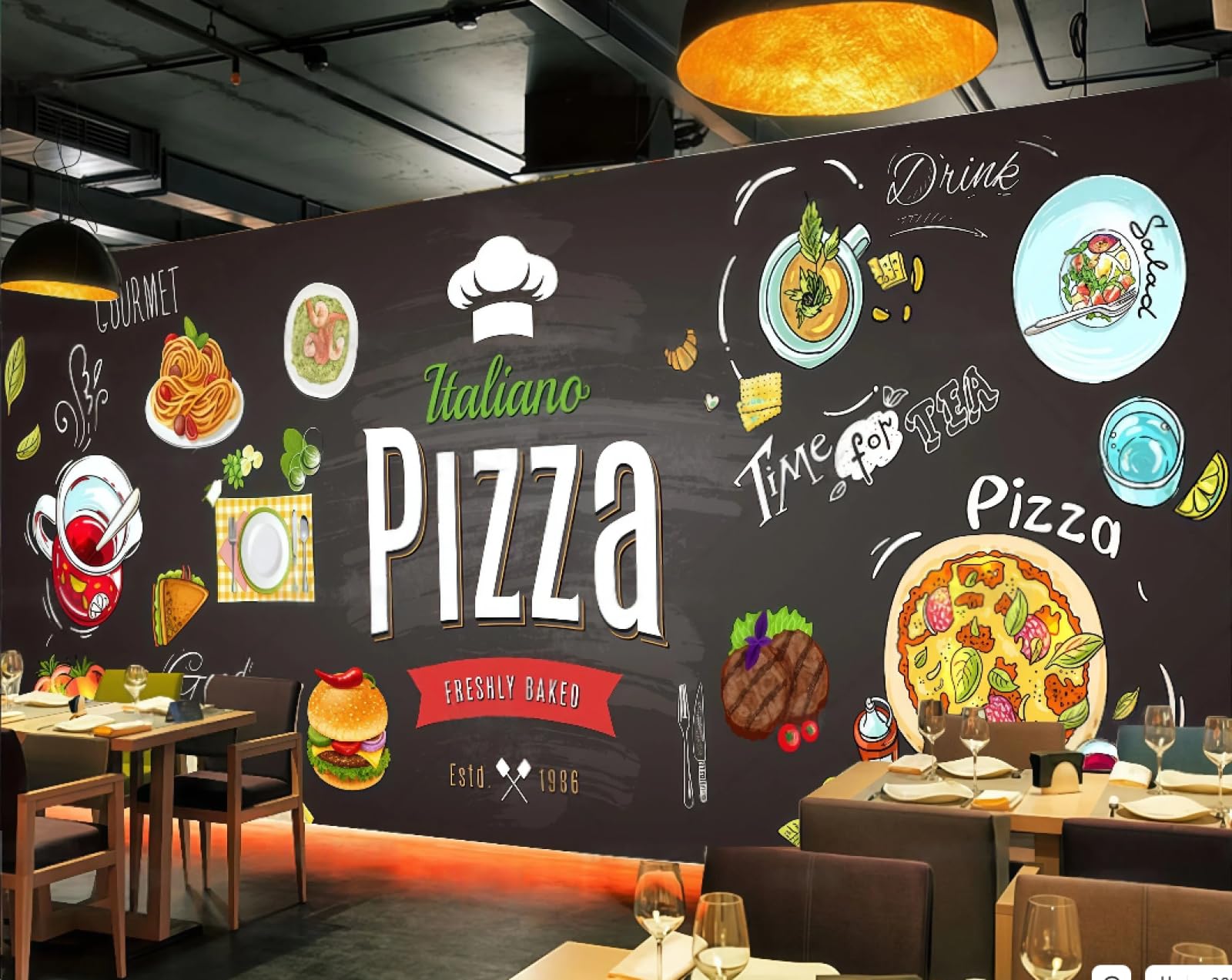 Xdoubao 3D Wallpaper Retro Blackboard Hand-Painted Delicious Steak Pizza Shop Personalized Drink Coffee Shop Background Mural Western Restaurant Wallpaper,,150X105cm