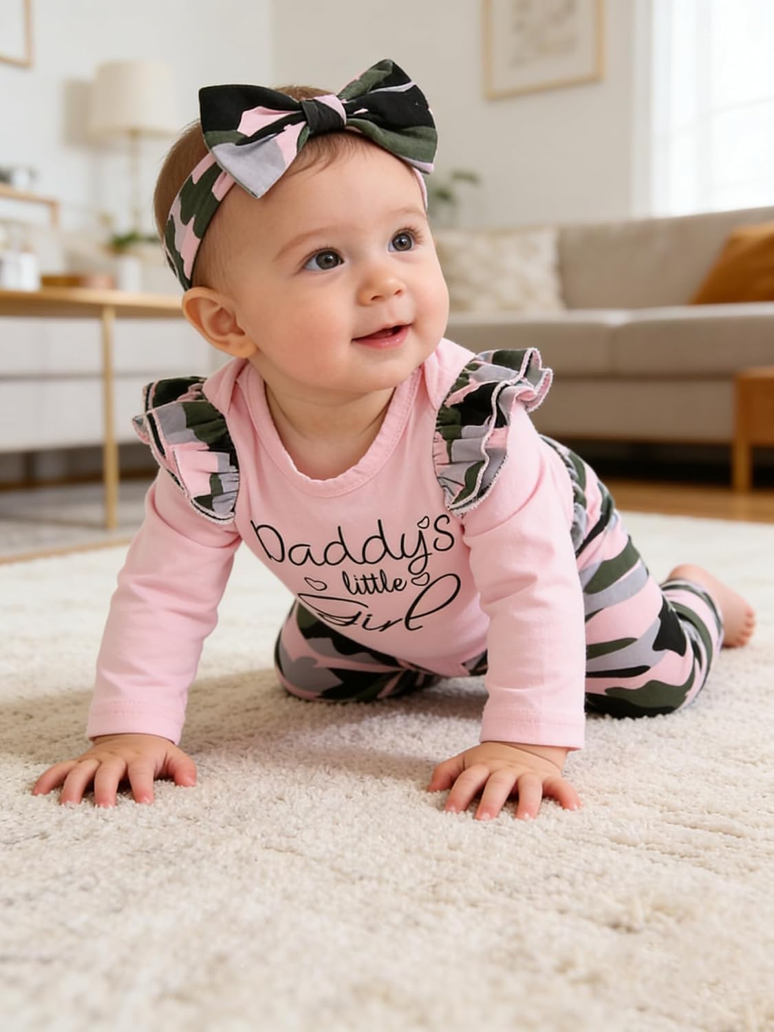AMAWMW Baby Girl Clothes Set Daddys Little Girl Ruffle Romper Top Camouflage Pants Newborn Infant Baby Girl Outfit image 2