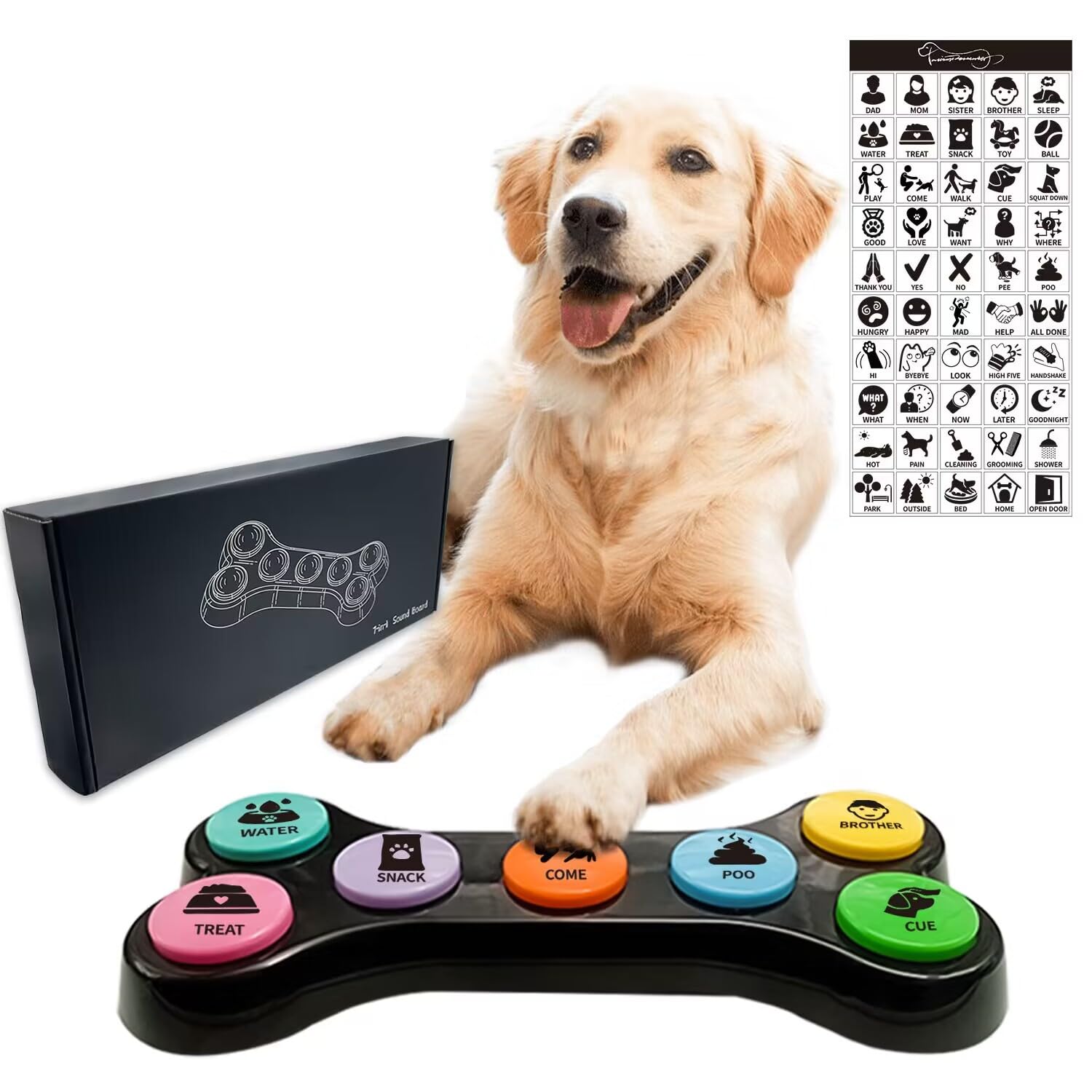 RIBOSY Dog Buttons for Communication, 7 in 1 Dog Talking Button Set, Recordable Training Buzzers for Dogs with 50 Scene Stickers (Battery Included)