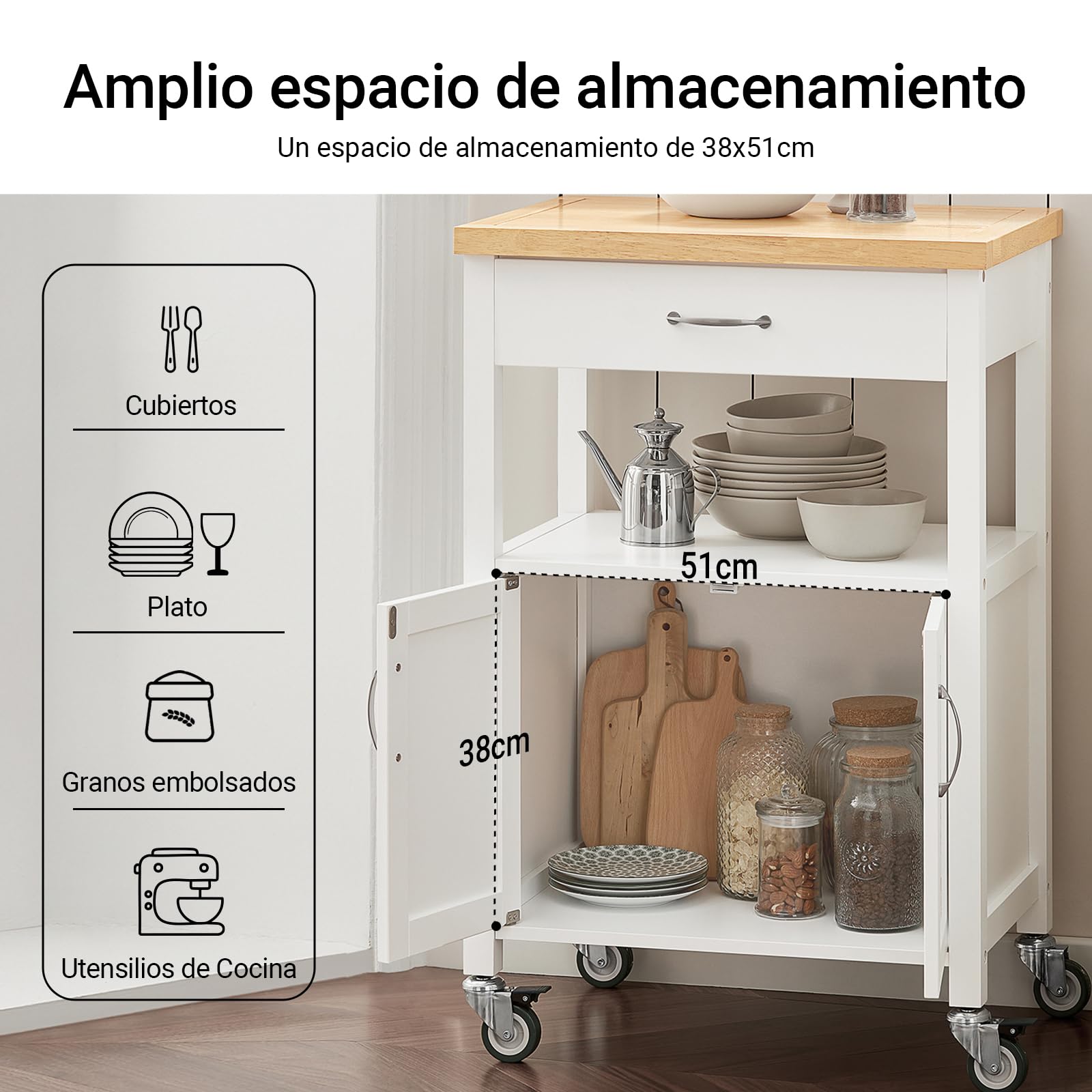 SoBuy Carrito Cocina con Ruedas, encimera de Caucho & 4 Ruedas, 60x92x44cm | Mueble Auxiliar con cajón, estante abierto & armario de 2 puertas, compacto, MDF, cocina & exterior & dormitorio, FKW22-WN