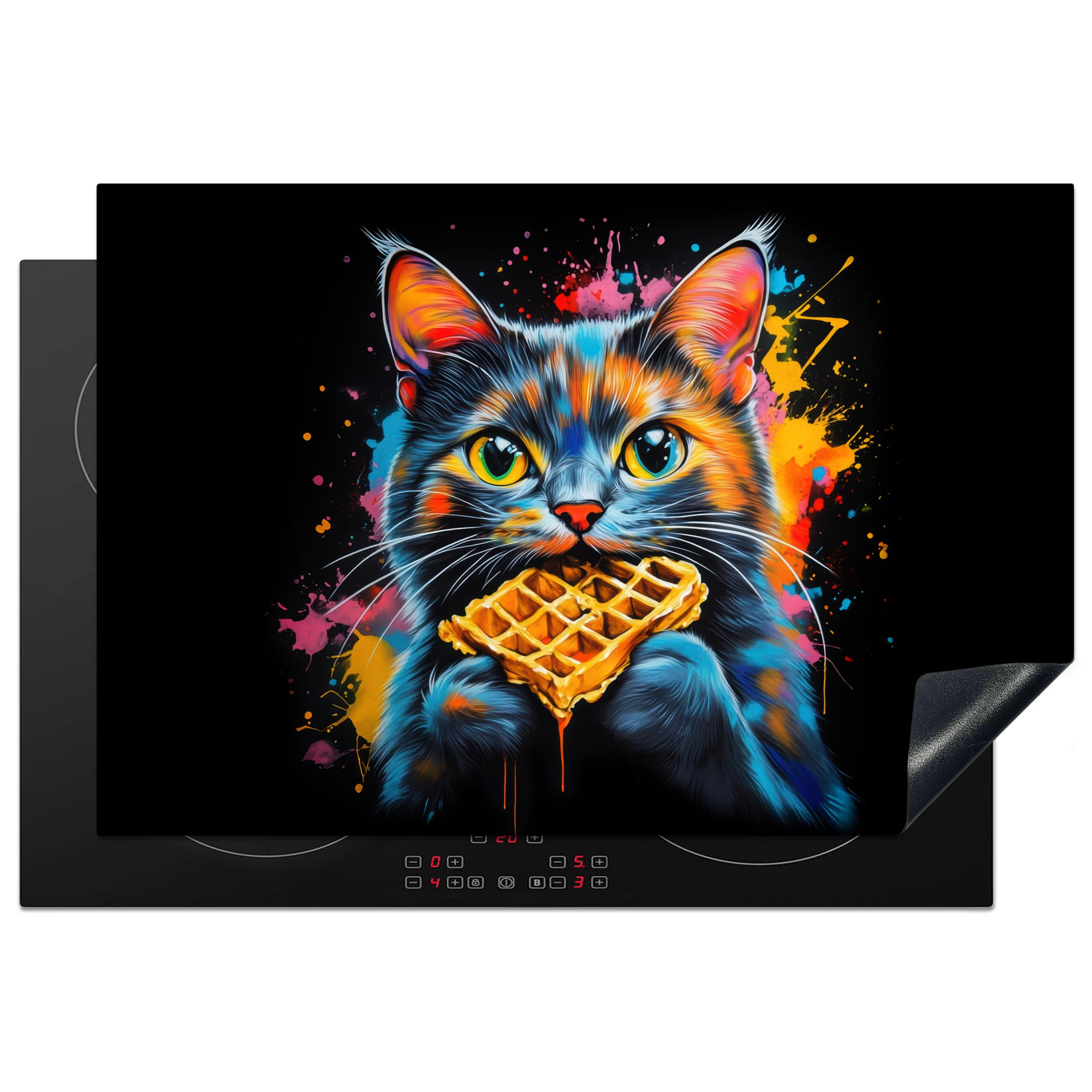 KitchenYeah© Herdabdeckplatte 76x51 cm Induktion Schutzmatte Küche Herdabdeckung Ceranfeld Induktionsmatte Cerankochfeld Abdeckung Katze - Graffiti - Farbenfroh - Waffel - Essen