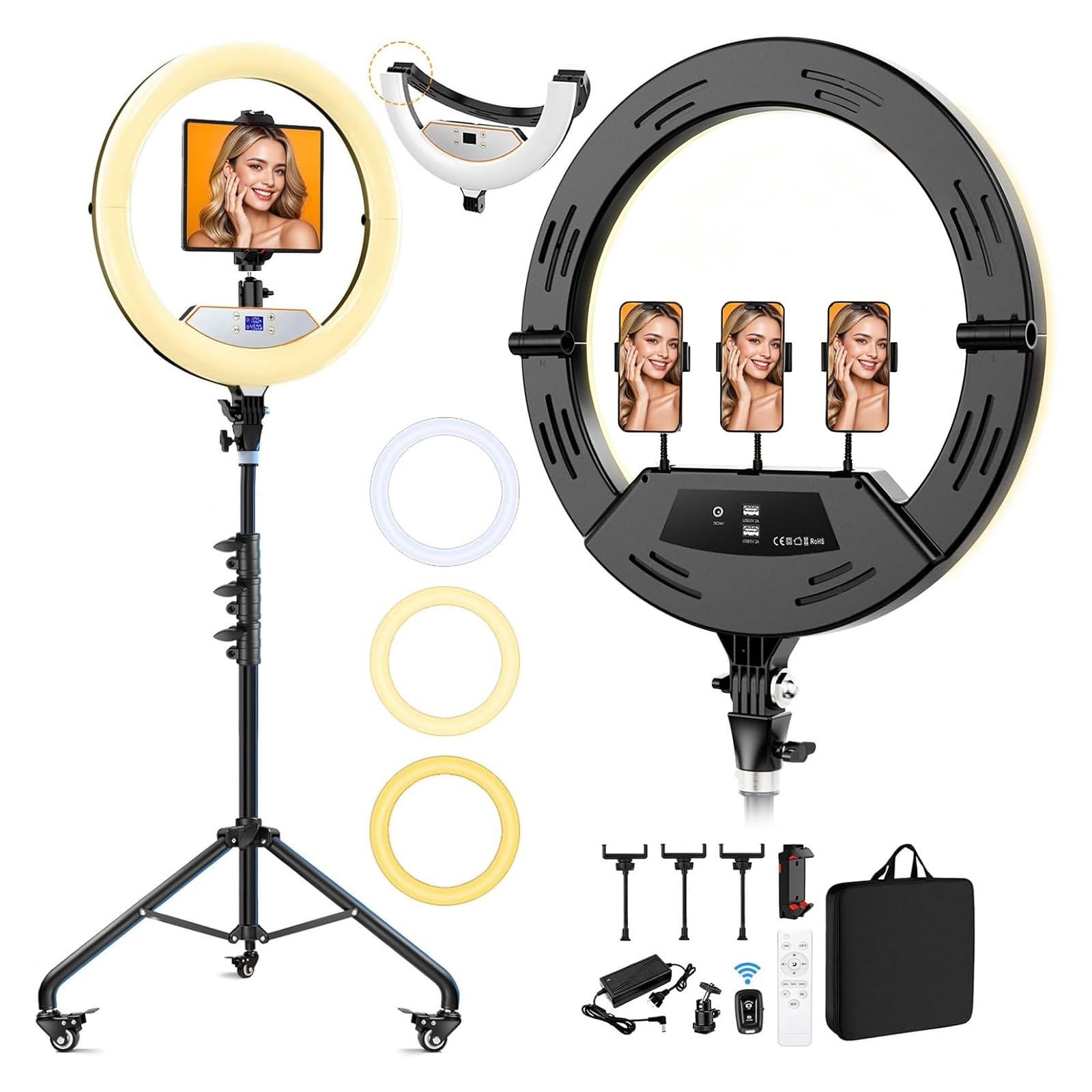 22 Zoll großes Ringlicht mit Ständer, verbesserte Faltbare LED großes Ringlicht mit 75 Zoll Stativ und Mini Stativ Rad Schublade für Live-Tattoo Make-up Videoaufnahme Friseur Fotografie