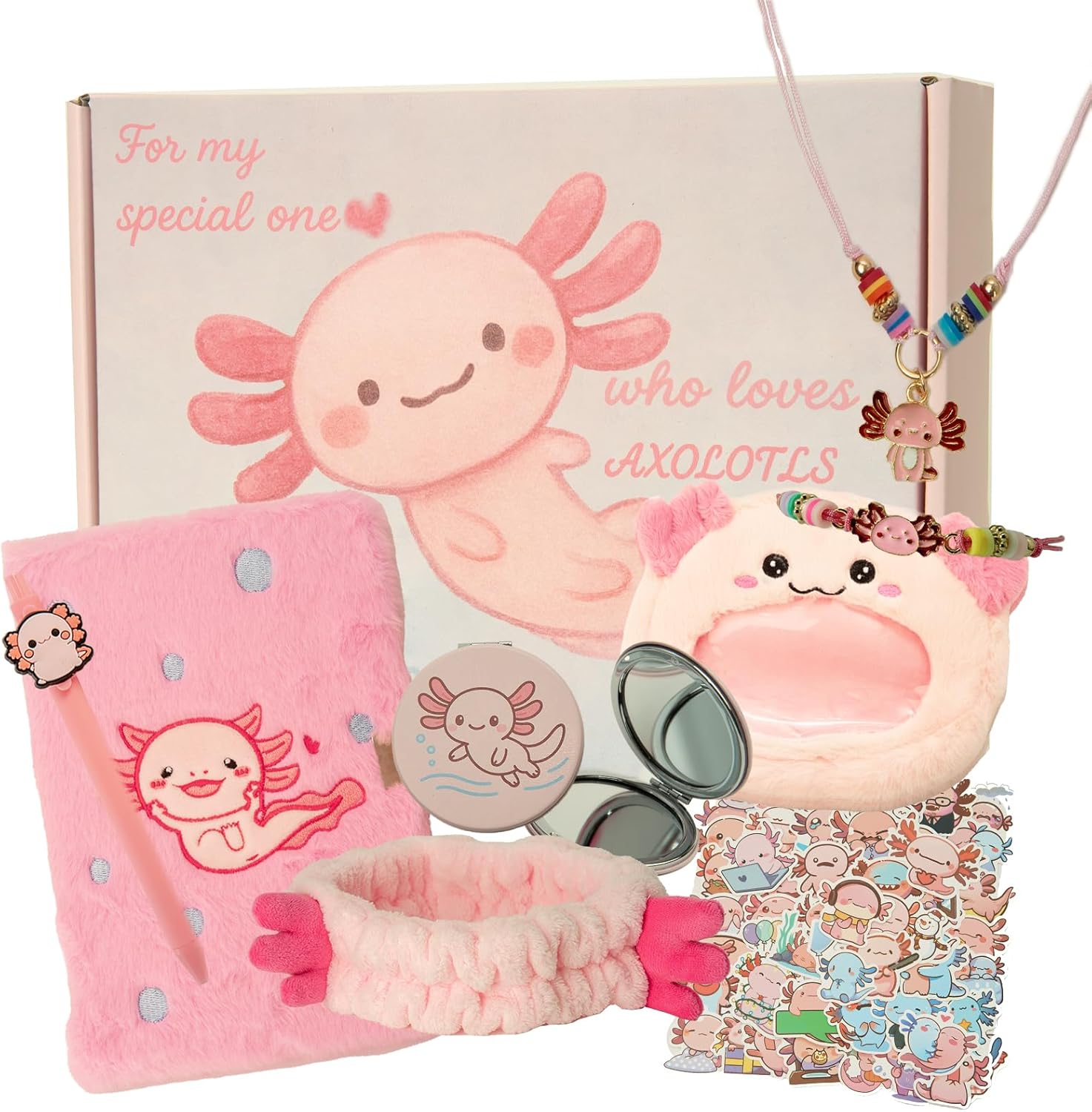 Axolotl Gift Set for Axolotl Lover– Crossbody Bag, Diary with Lock, Pen, Stickers, Necklace, Bracelet, Mirror & Headband – Lovely Animal Themed Kit