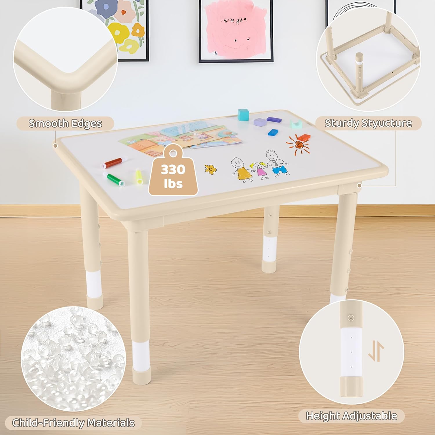 Kids Table and 4 Chairs Set, Height Adjustable (17.7"-26.1") Toddler Table and Chair Set, Multi-Activity Table with Graffiti Desktop, Children’s Table and Chairs for Classroom, Home & Daycare