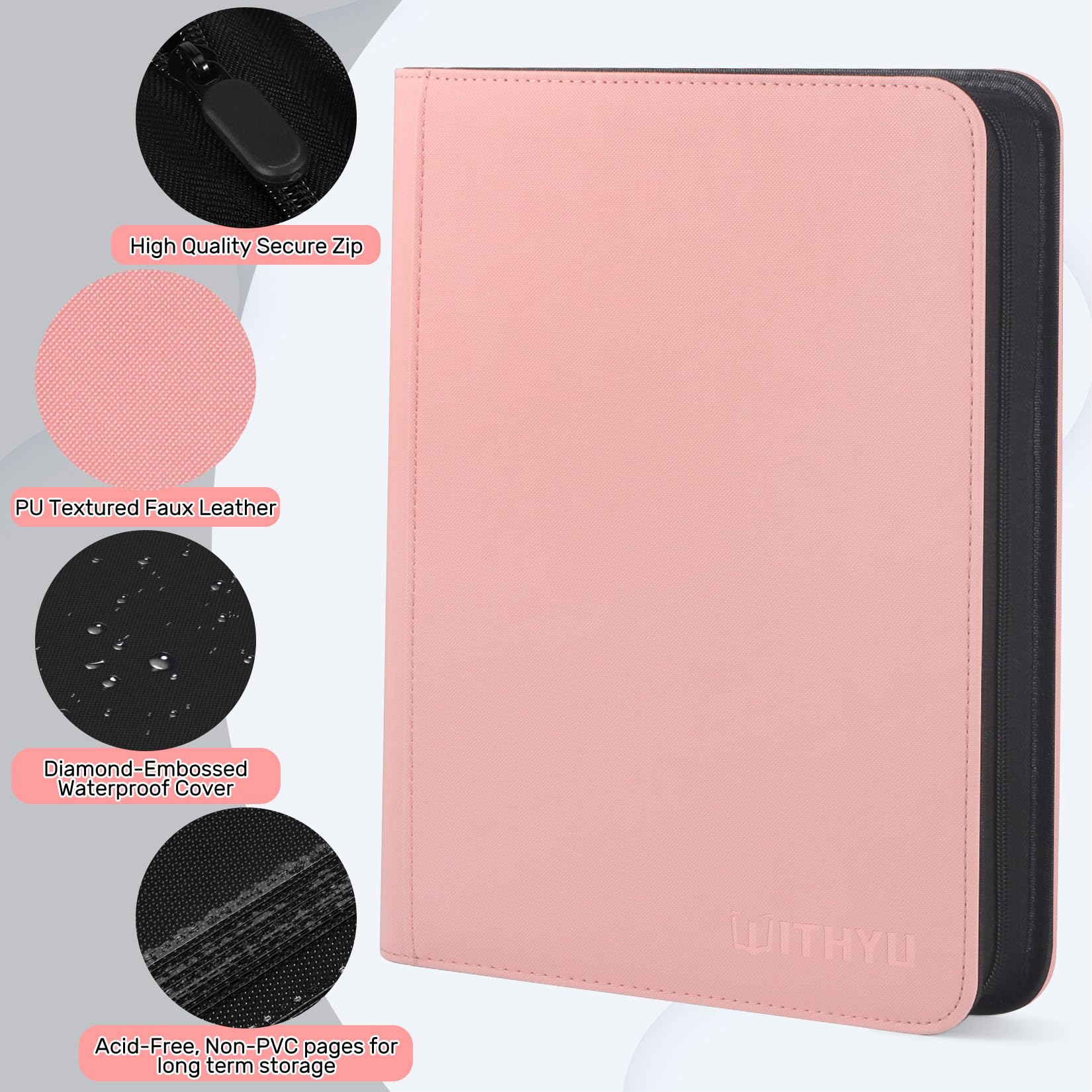 WITHYU Album da Collezione per Carte - 32 Pagine Capacità 1024 Carte, Portacarte Impermeabile & Antigraffio con Tasche Laterali per TCG/Gioco/Sport, Design Senza Anelli con Zip (Rosa)