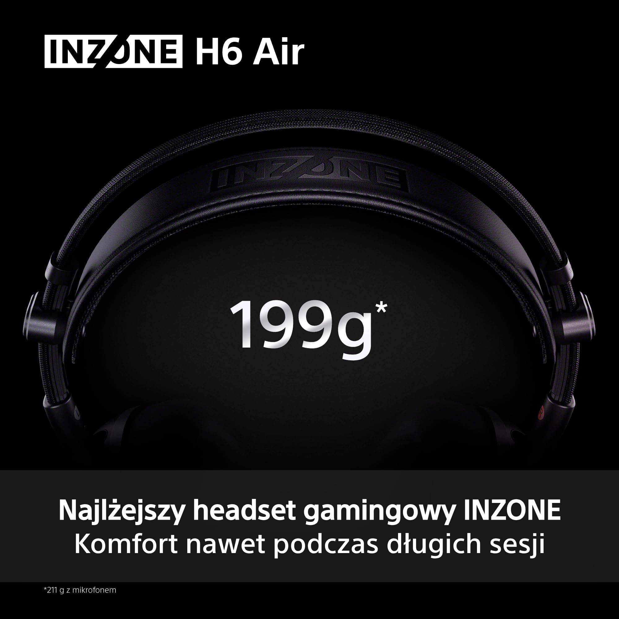 Sony INZONE H6 Air otwarty przewodowy zestaw słuchawkowy gamingowy, 360 Spatial Sound for Gaming, ultralekka konstrukcja 199 g, odłączany mikrofon na wysięgniku, INZONE Hub Custom EQ, PC/PS5, czarny