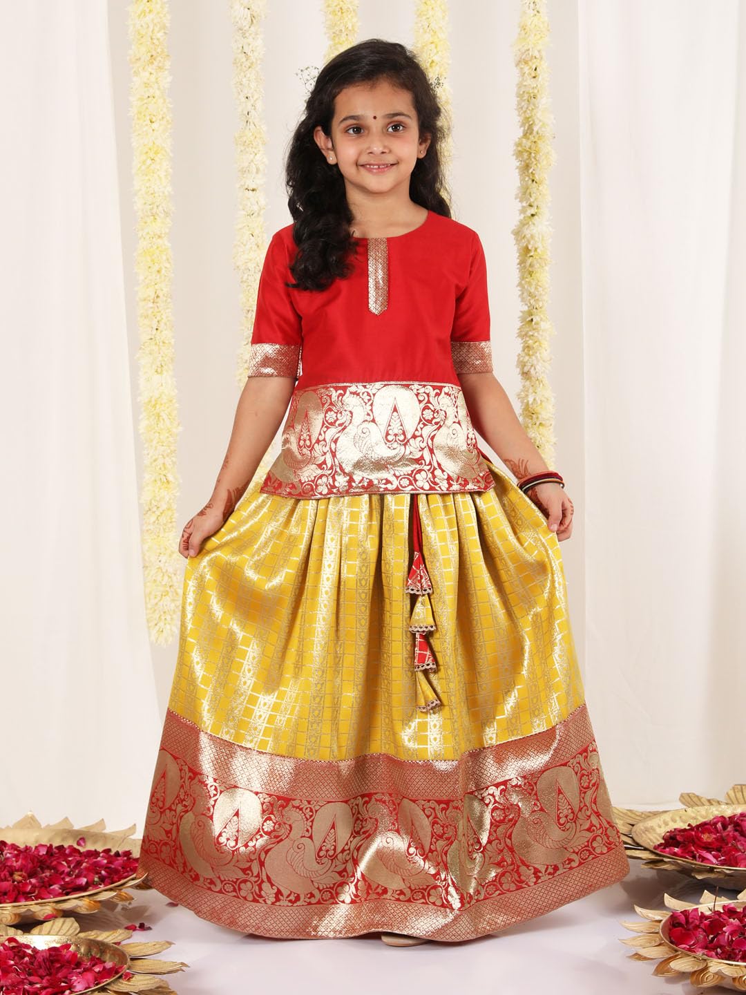 Jbn Creation Silk Blend Girls South Indian Style Pavda Pattu Lehenga (Jbnglc050Md_22_Red And Mustard_3 4 Years)