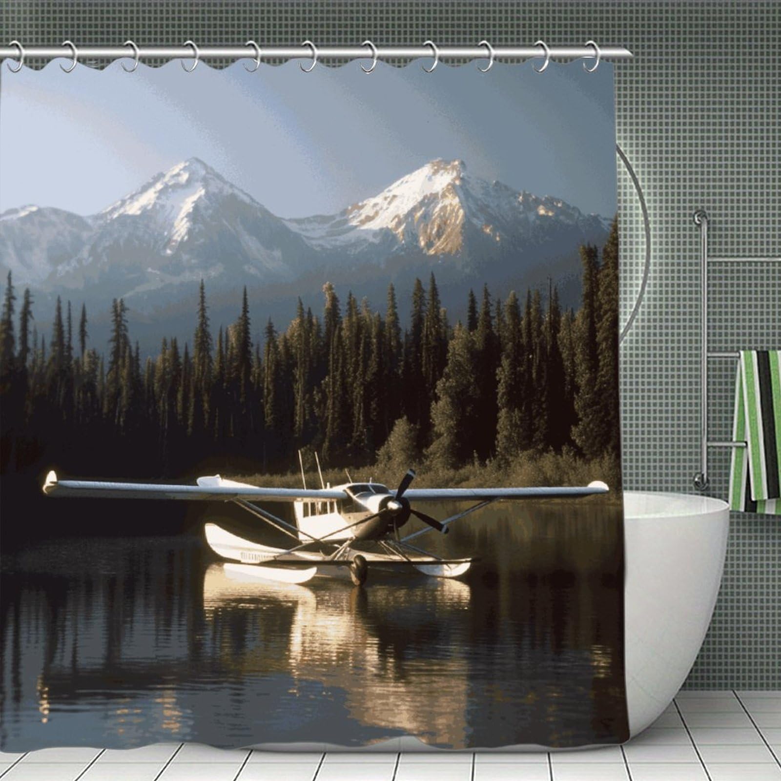 QMNLKH Airplane on Lake Shower Curtain with Hooks, Waterproof Bath Curtains for Bathroom, Lightweight Bath Curtains Liner for Hotel, Personalized Bath Curtain for Spa, 70.8 Inch