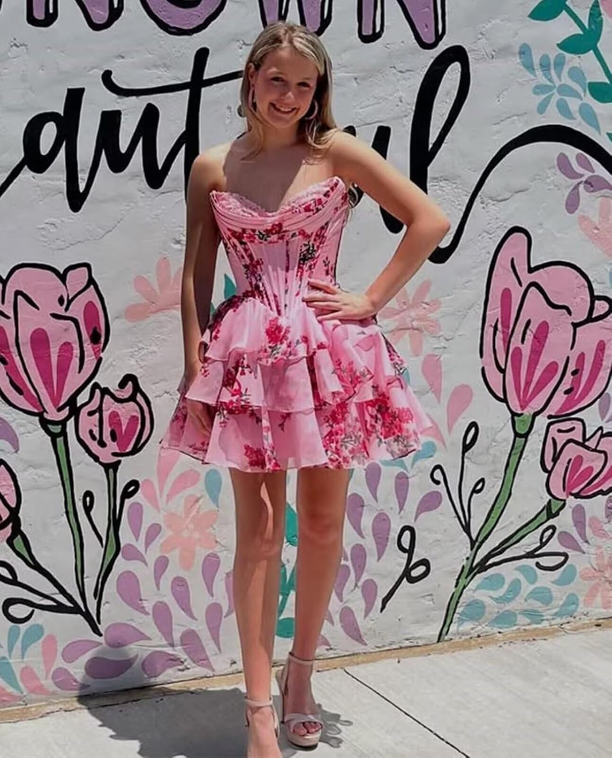 Junior's Strapless Corset Homecoming Dresses Short Floral Chiffon Tiered A-Line Cocktail Party Dress