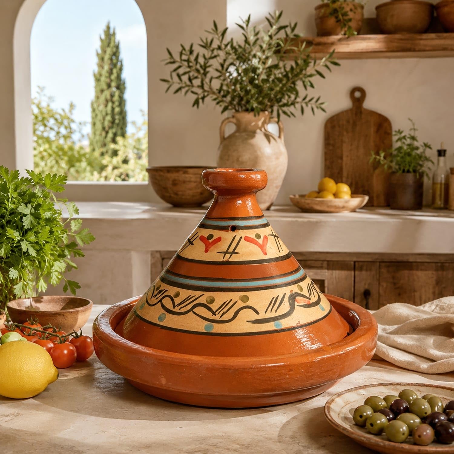 Tajine XL 35 cm Terracotta handbemalt – traditioneller marokkanischer Topf + kostenloses E-Book 0107261102