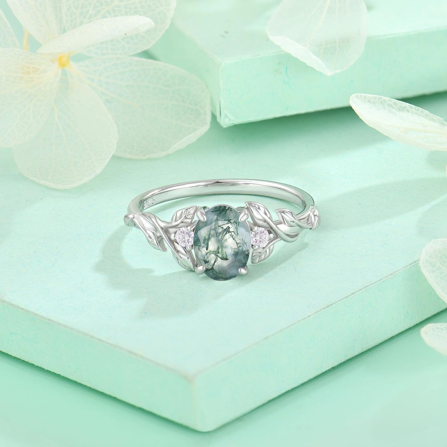 STARCHENIE Moissanite Ring for Women 925 Sterling Silver 18K White Gold Plated D Color VVS1 1.5CT Moissanite/Moss Agate Engagement Wedding Promise Ring for Her Size 5-10