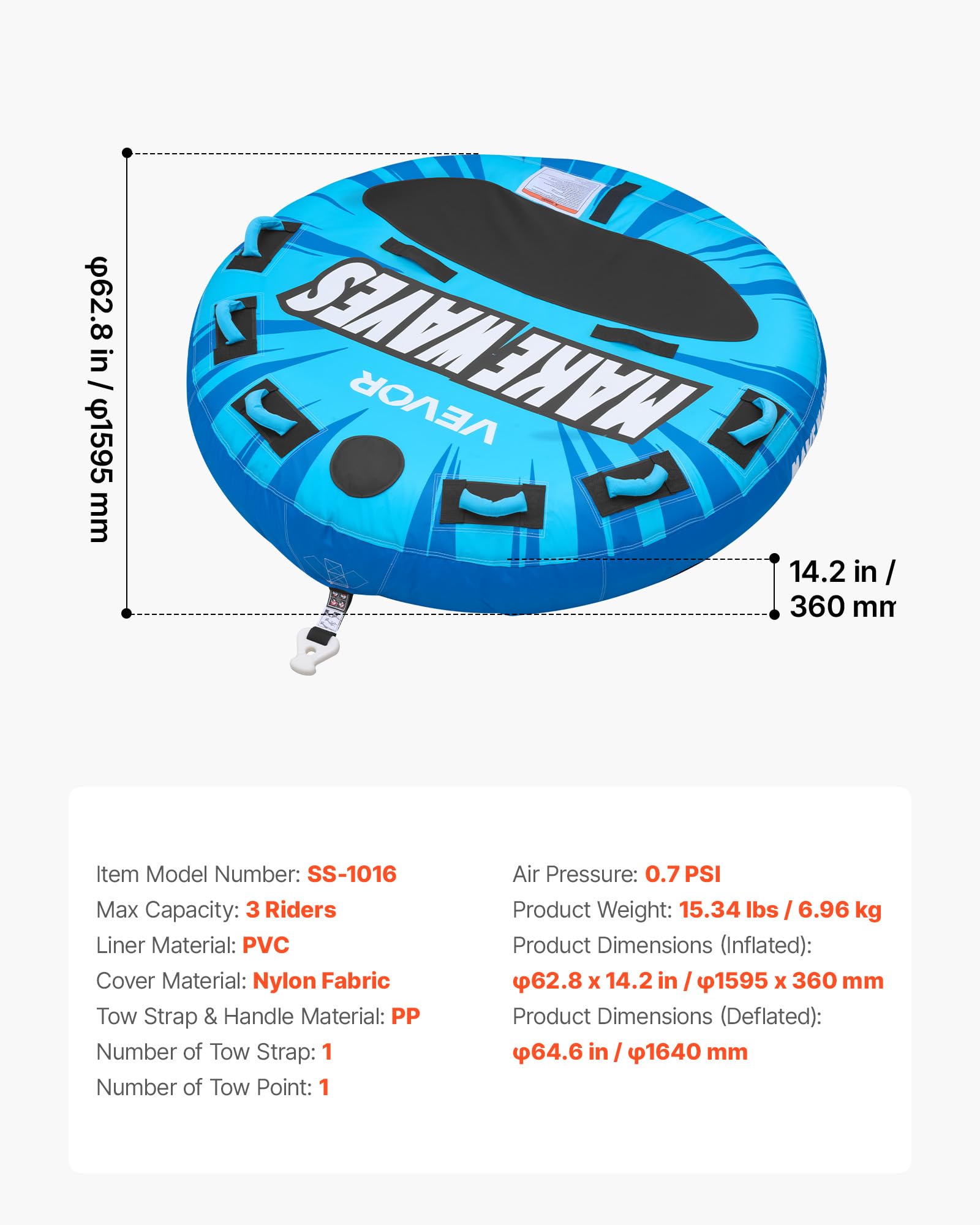 VEVOR Flotador de Arrastre Inflable 159,5 cm para 3 Personas Carga 231 kg Azul