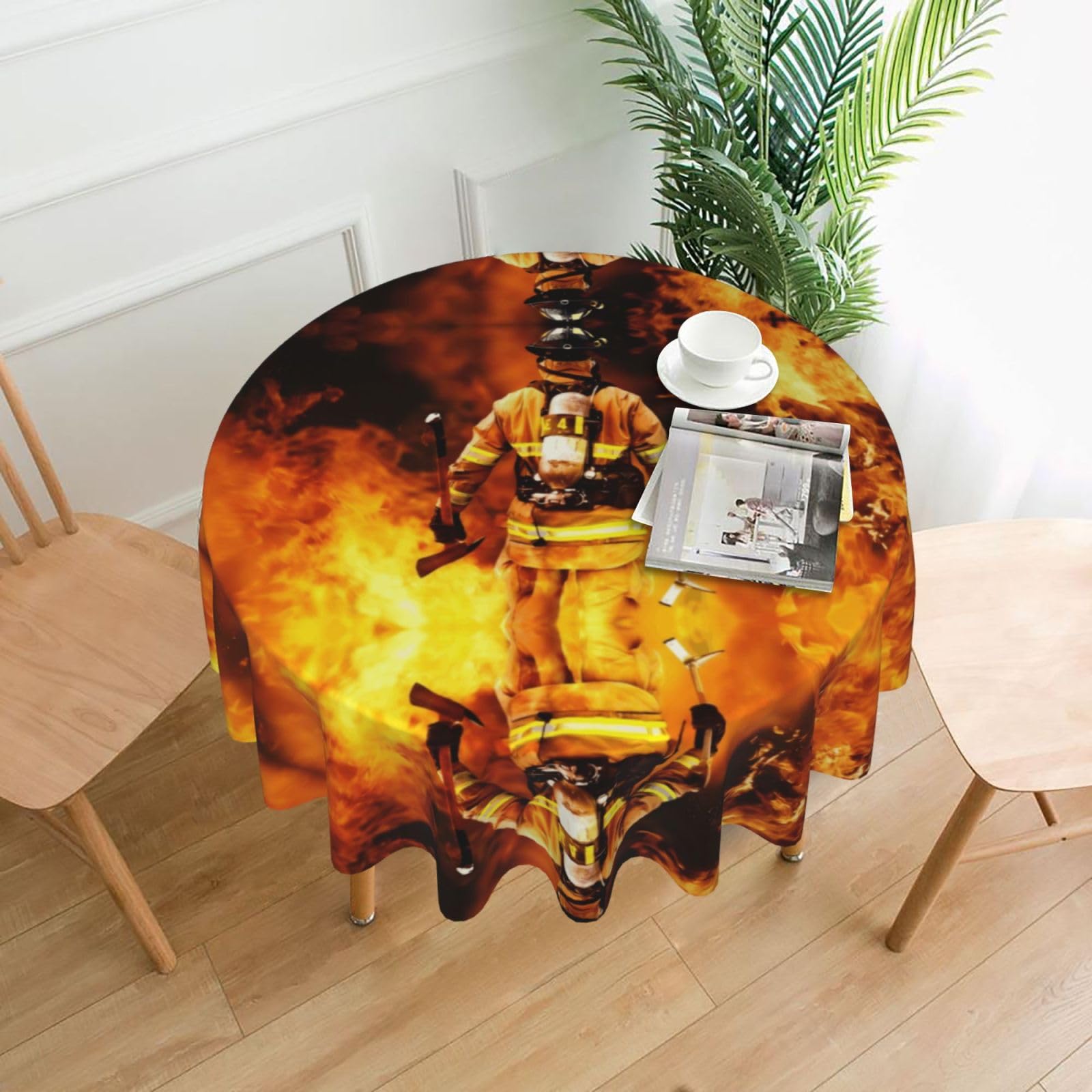 YYHWHJDE Firefighter Fireman Flame Prints Round Decorative Tablecloth 60in - High-Grade Polyester Throw for Elegant Dining & Festive Gatherings