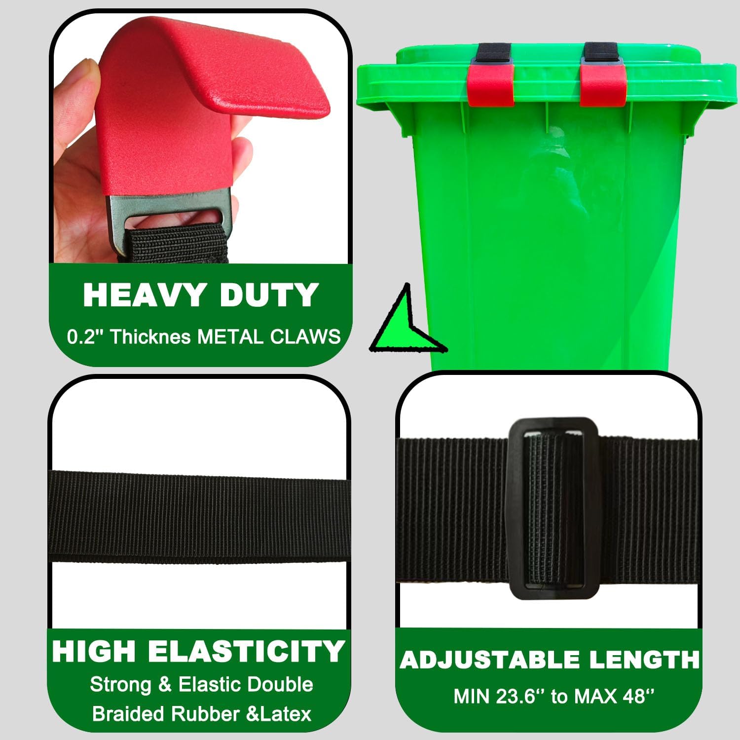4PCS Metal Double-Claw Trash Can Lock Straps for Animals,Outdoor Racoon Garbage Can Bin Lid Lock Straps Bungee Cord,Trash Can Bin Lid Locks Bungee Cord Outside【RED HOOKS】- PATENTED PENDING