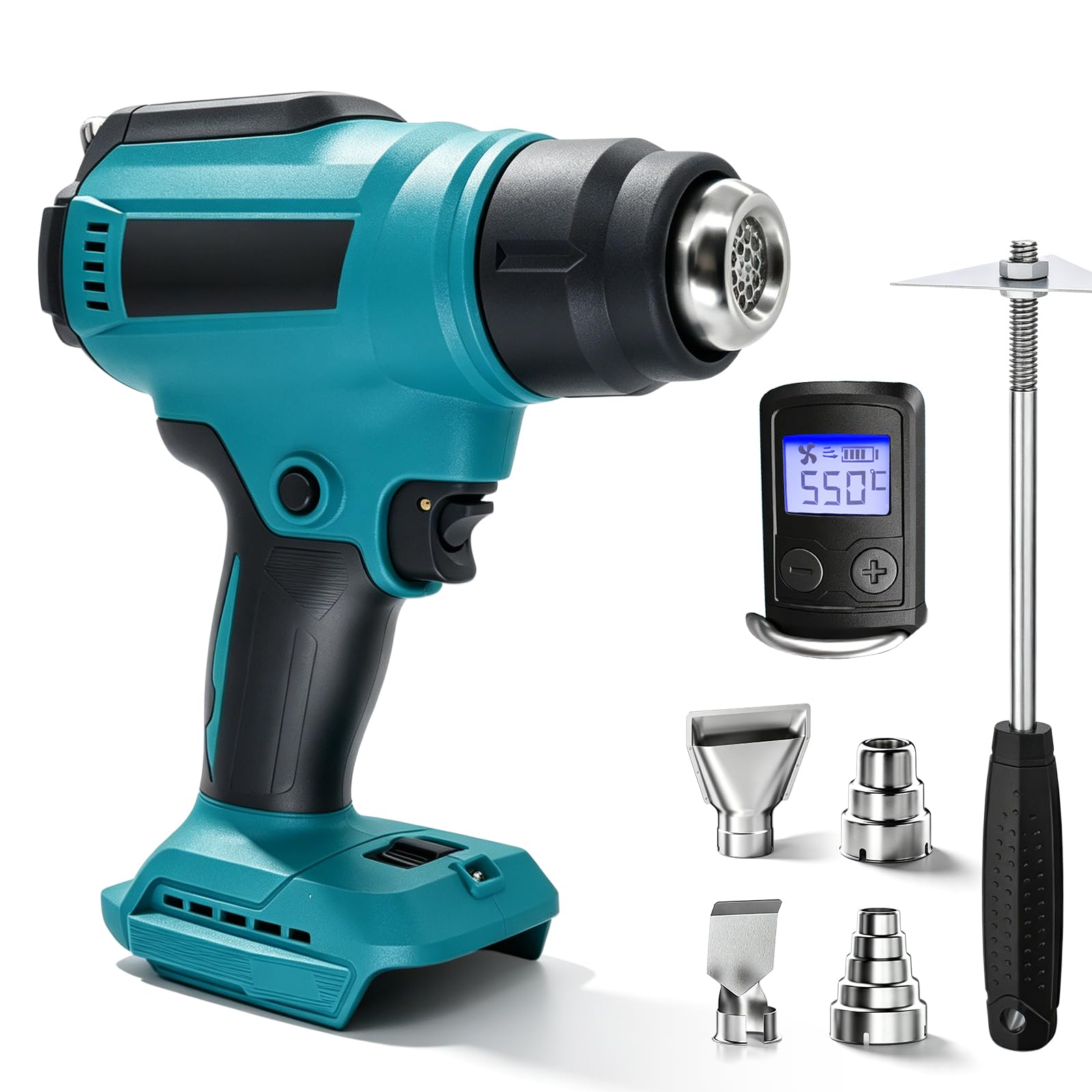 Pistola de aire caliente con batería para 18 V, 50 – 550 °C, ventilador de aire caliente inalámbrico con pantalla LCD y 4 boquillas de acero inoxidable, temperatura ajustable y control de aire