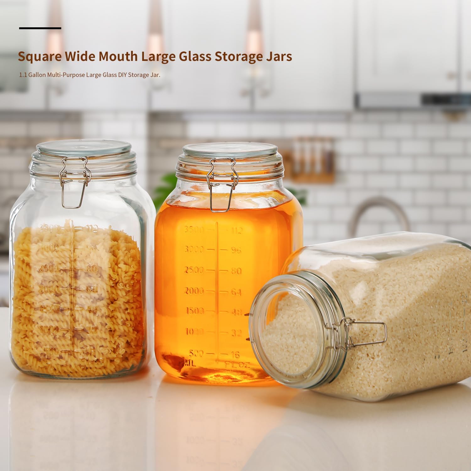 1.1 Gallon Large Glass Food Storage Jars with Airtight Lids,Set of 2 Square Wide Mouth Airtight Glass Storage Container,135oz Kitchen Mason Jar with Measurement Mark,for Flour Sugar Canning. - Image 2
